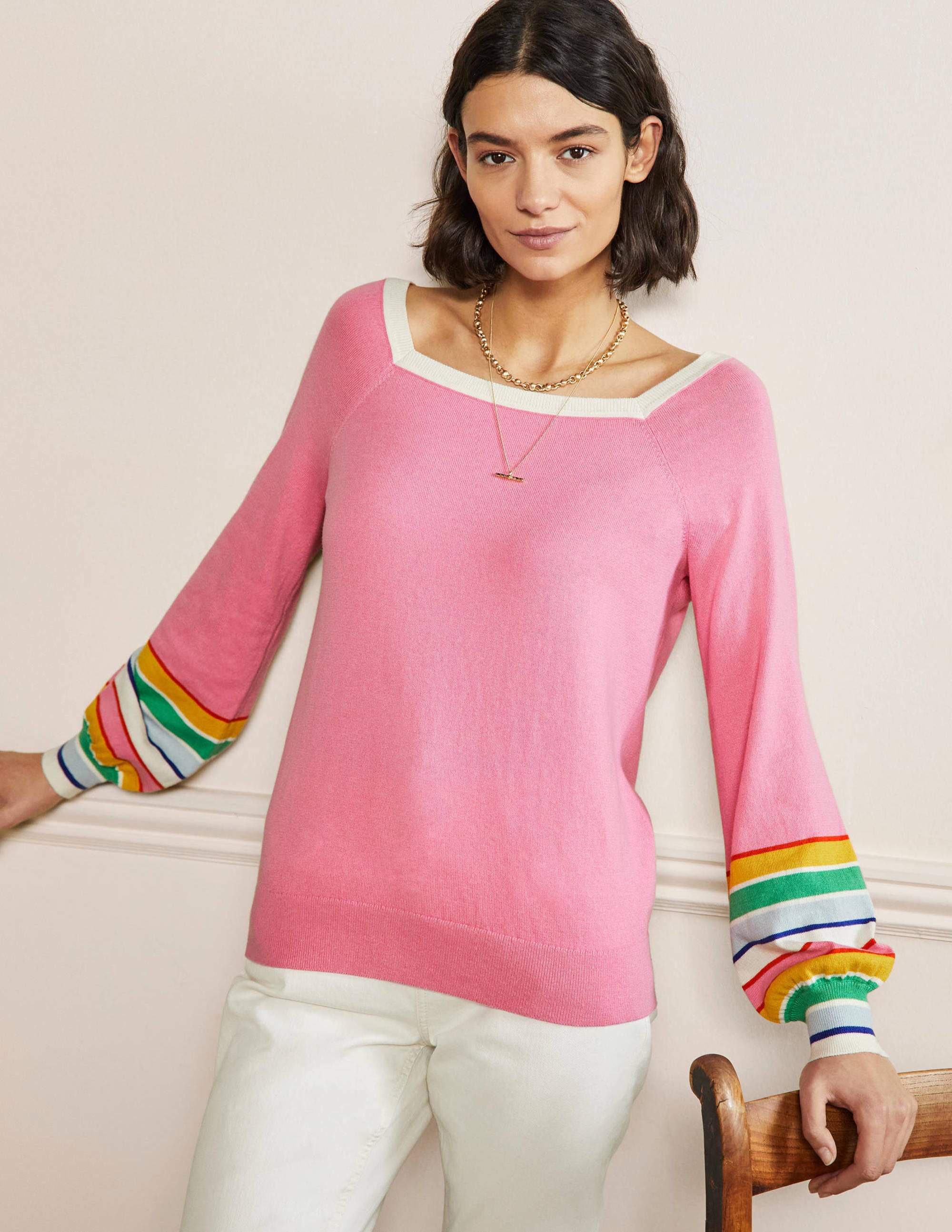 Pull rayé à col carré-Rose sachet - Image 4
