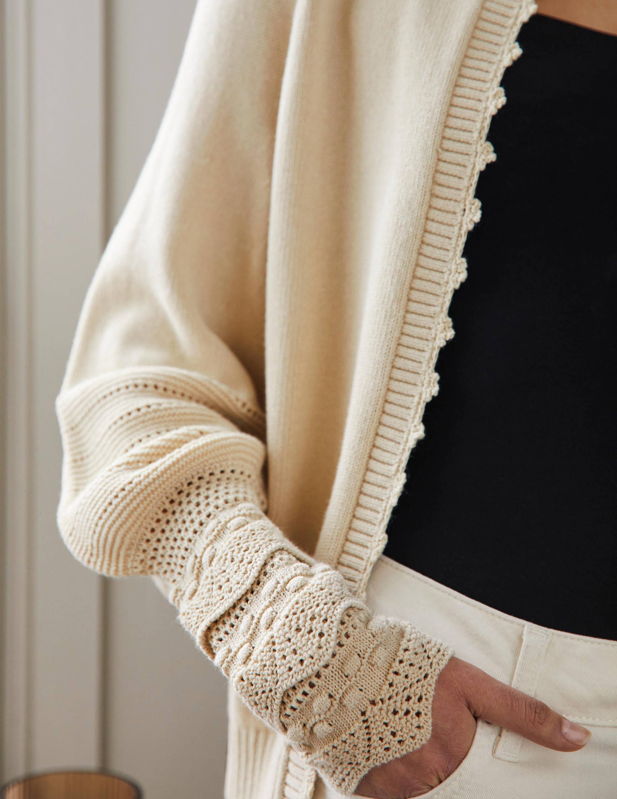 Gilet en maille à manches ornementées-Avoine - Image 2