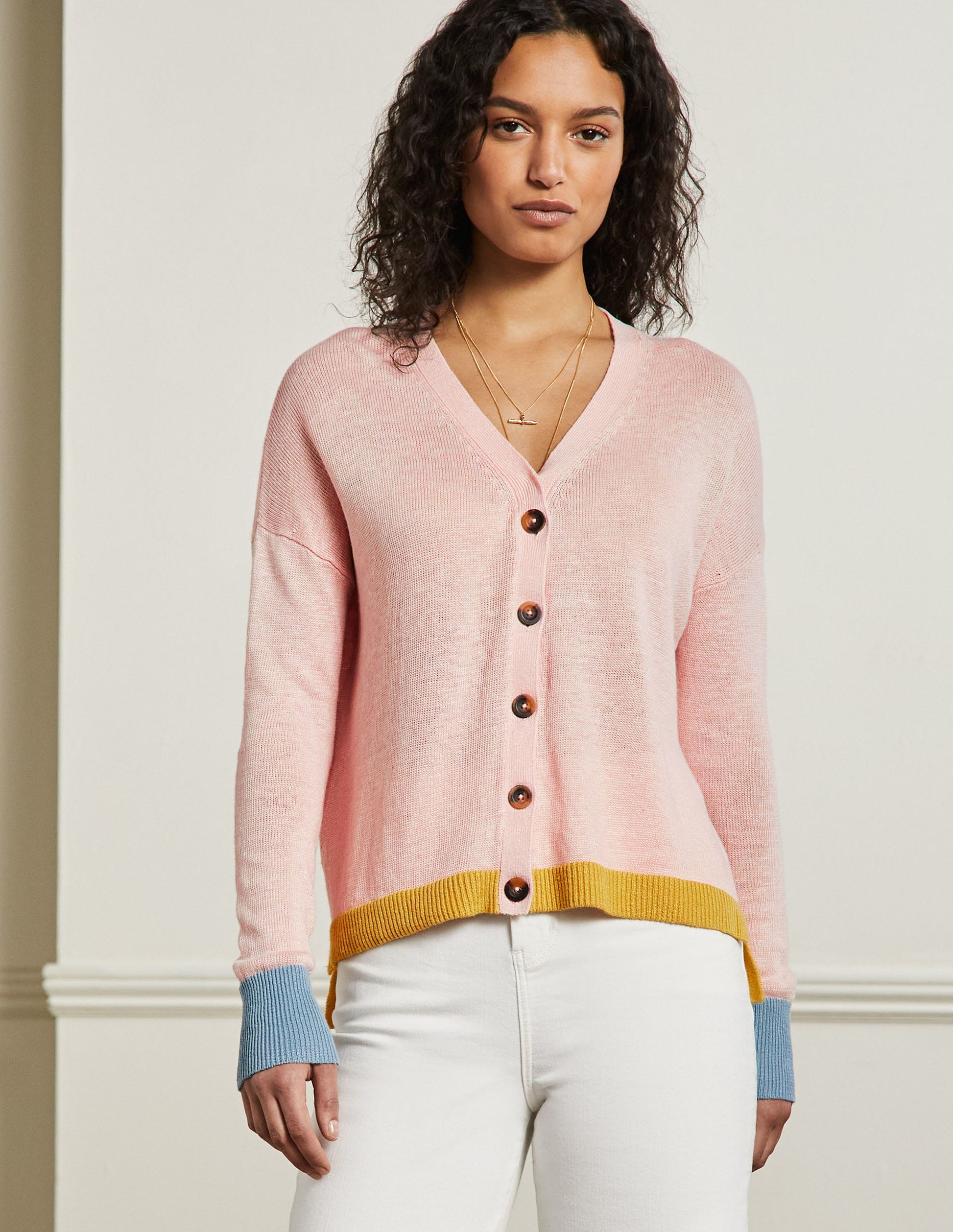 Leinen-Cardigan mit Blockfarben-Milchshake, Blockfarben-1