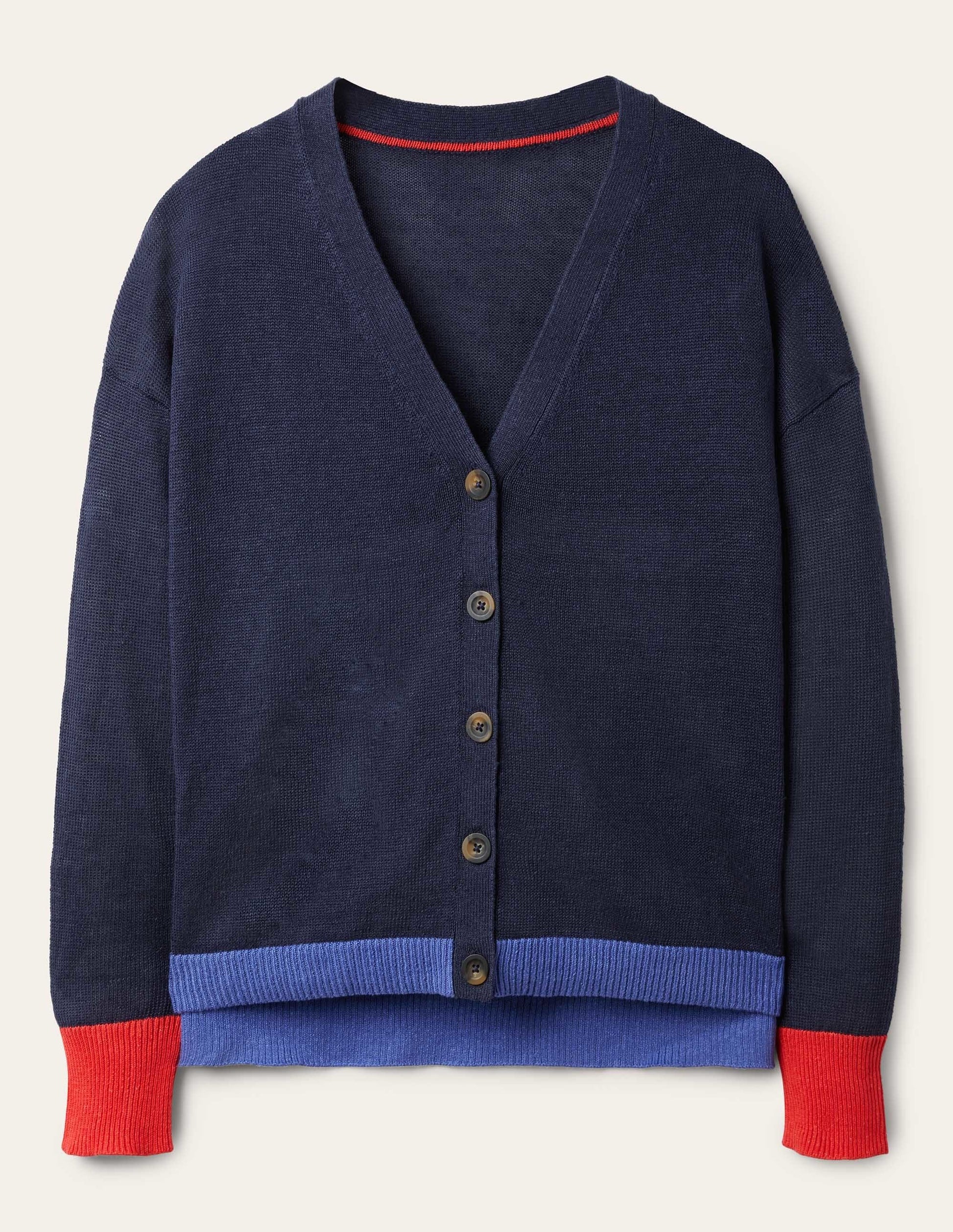Leinen-Cardigan mit Blockfarben-Navy, Blockfarben-6