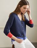 Leinen-Cardigan mit Blockfarben-Navy, Blockfarben