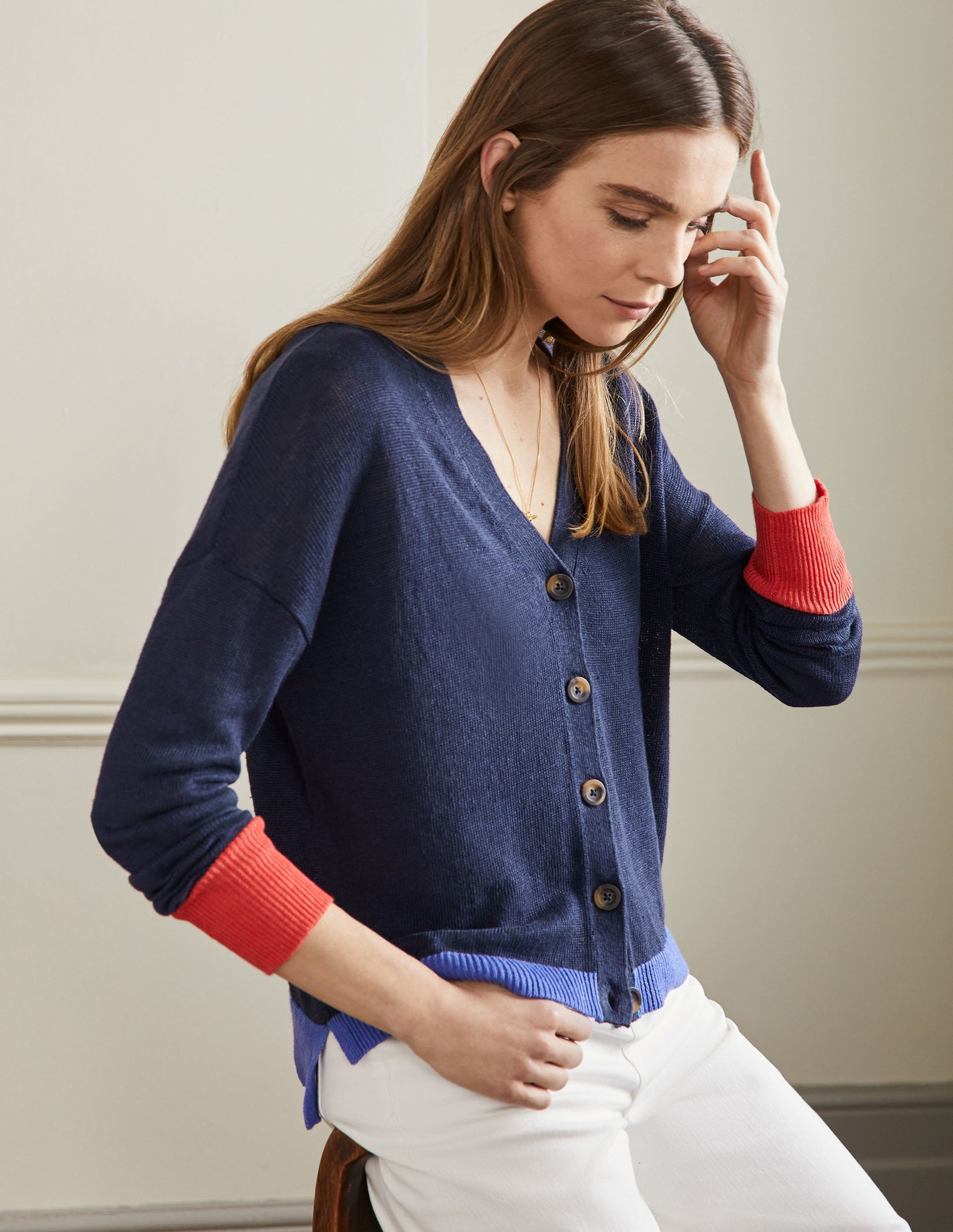 Leinen-Cardigan mit Blockfarben-Navy, Blockfarben-1