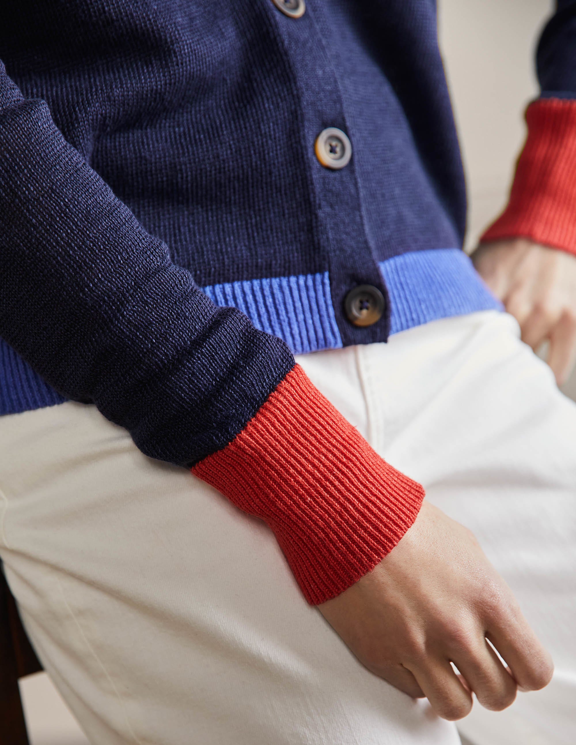 Leinen-Cardigan mit Blockfarben-Navy, Blockfarben - Image 2
