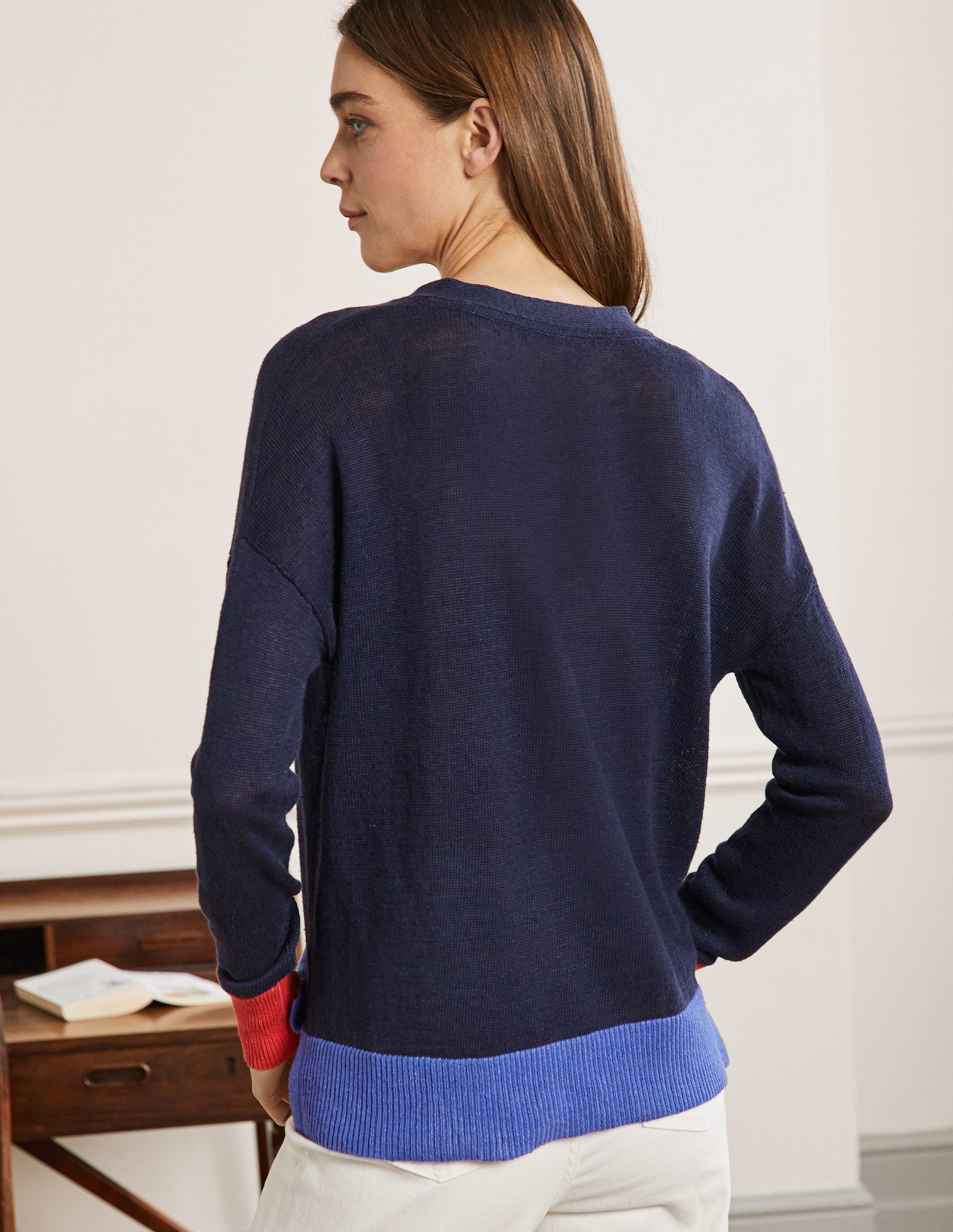 Leinen-Cardigan mit Blockfarben-Navy, Blockfarben-3