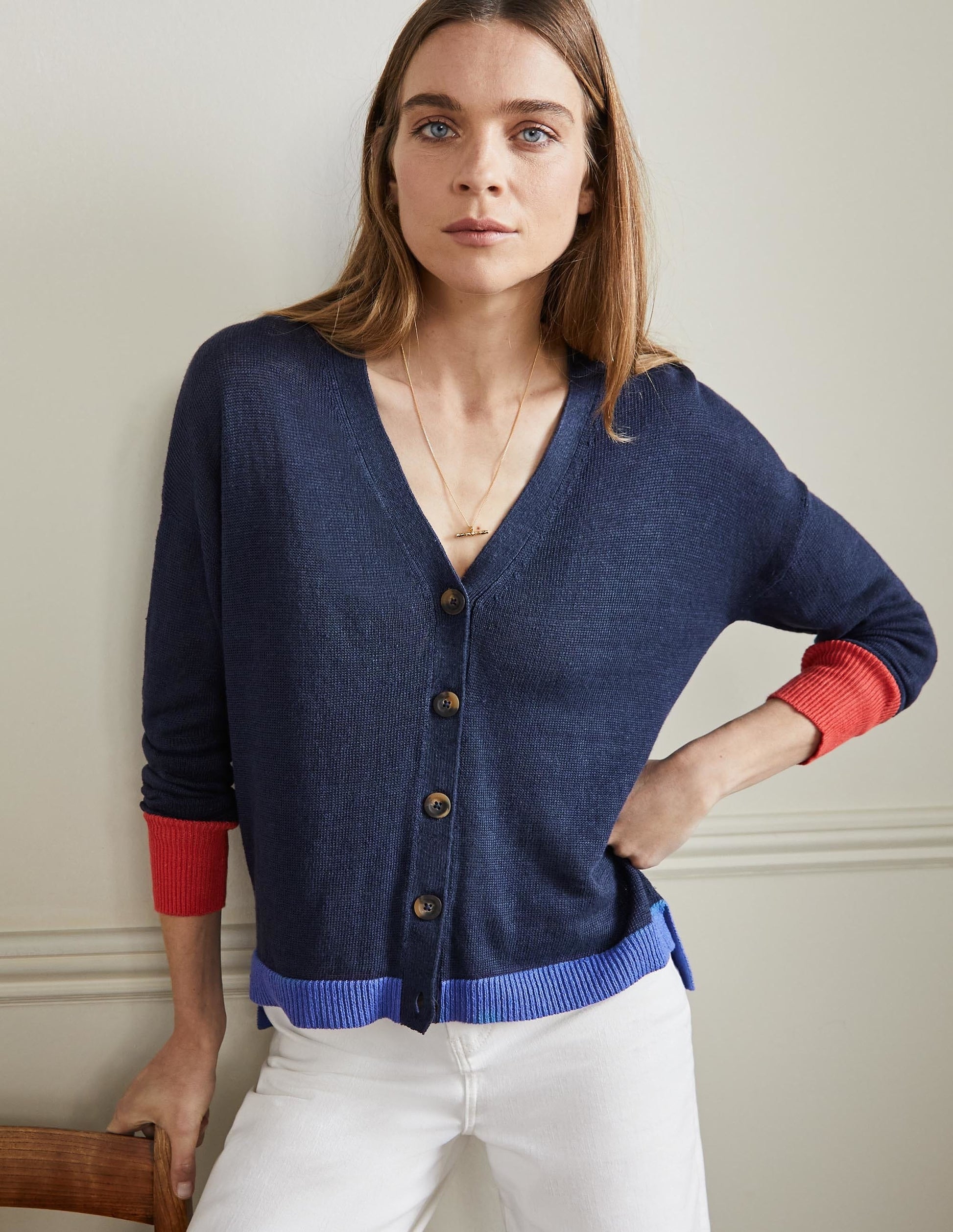 Leinen-Cardigan mit Blockfarben-Navy, Blockfarben-4