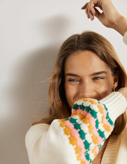 Pullover mit V-Ausschnitt und Ziernähten an den Bündchen-Naturweiß, Gestreift-6