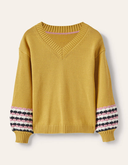 Pullover mit V-Ausschnitt und Ziernähten an den Bündchen-Buttergelb, Gestreift-5