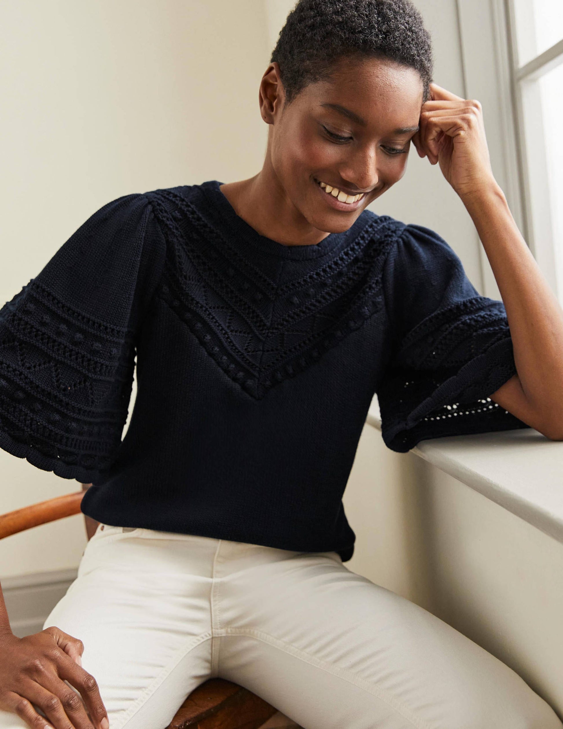 Häkel-Pullover mit weiten Ärmeln-Marineblau-4