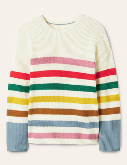 Gestreifter Pullover mit weiten Ärmeln-Naturweiß, Regenbogenstreifen-5