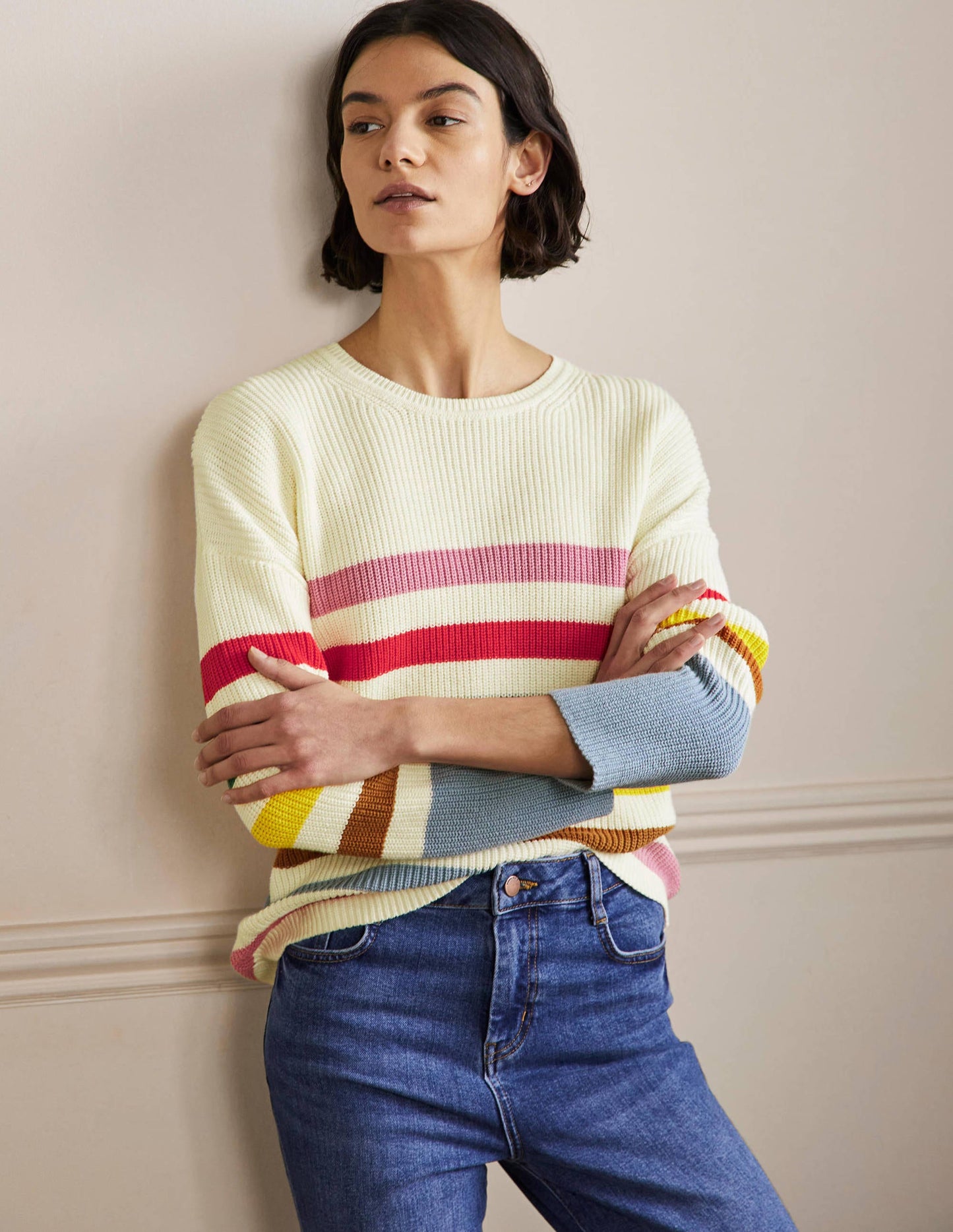 Gestreifter Pullover mit weiten Ärmeln-Naturweiß, Regenbogenstreifen