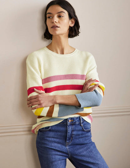 Gestreifter Pullover mit weiten Ärmeln-Naturweiß, Regenbogenstreifen-1