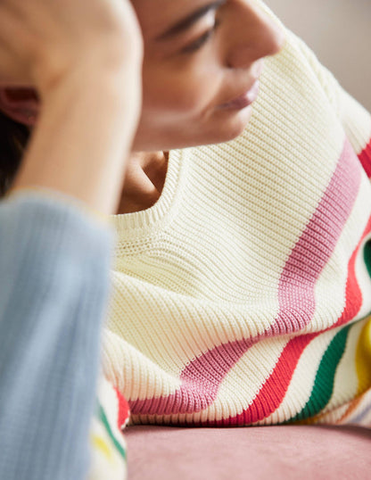 Gestreifter Pullover mit weiten Ärmeln-Naturweiß, Regenbogenstreifen-2