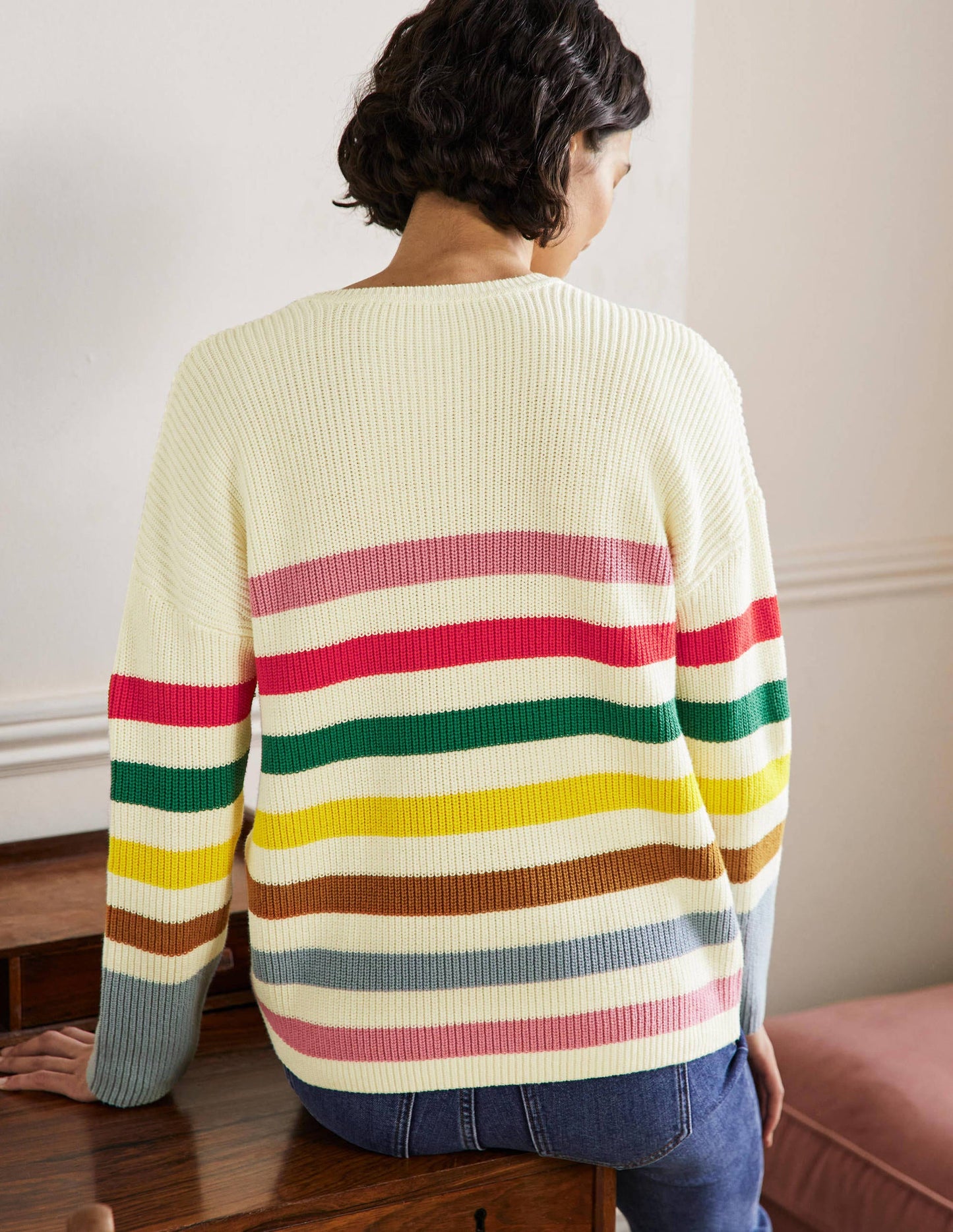 Gestreifter Pullover mit weiten Ärmeln-Naturweiß, Regenbogenstreifen