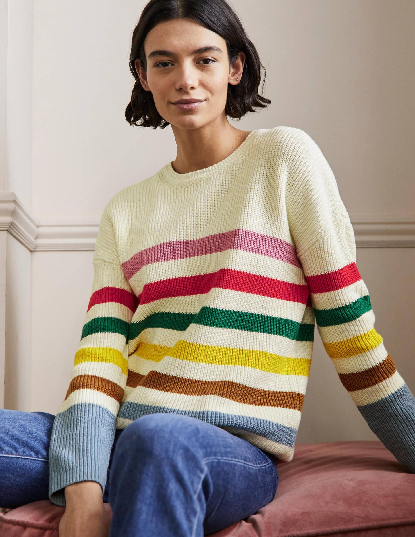 Gestreifter Pullover mit weiten Ärmeln-Naturweiß, Regenbogenstreifen