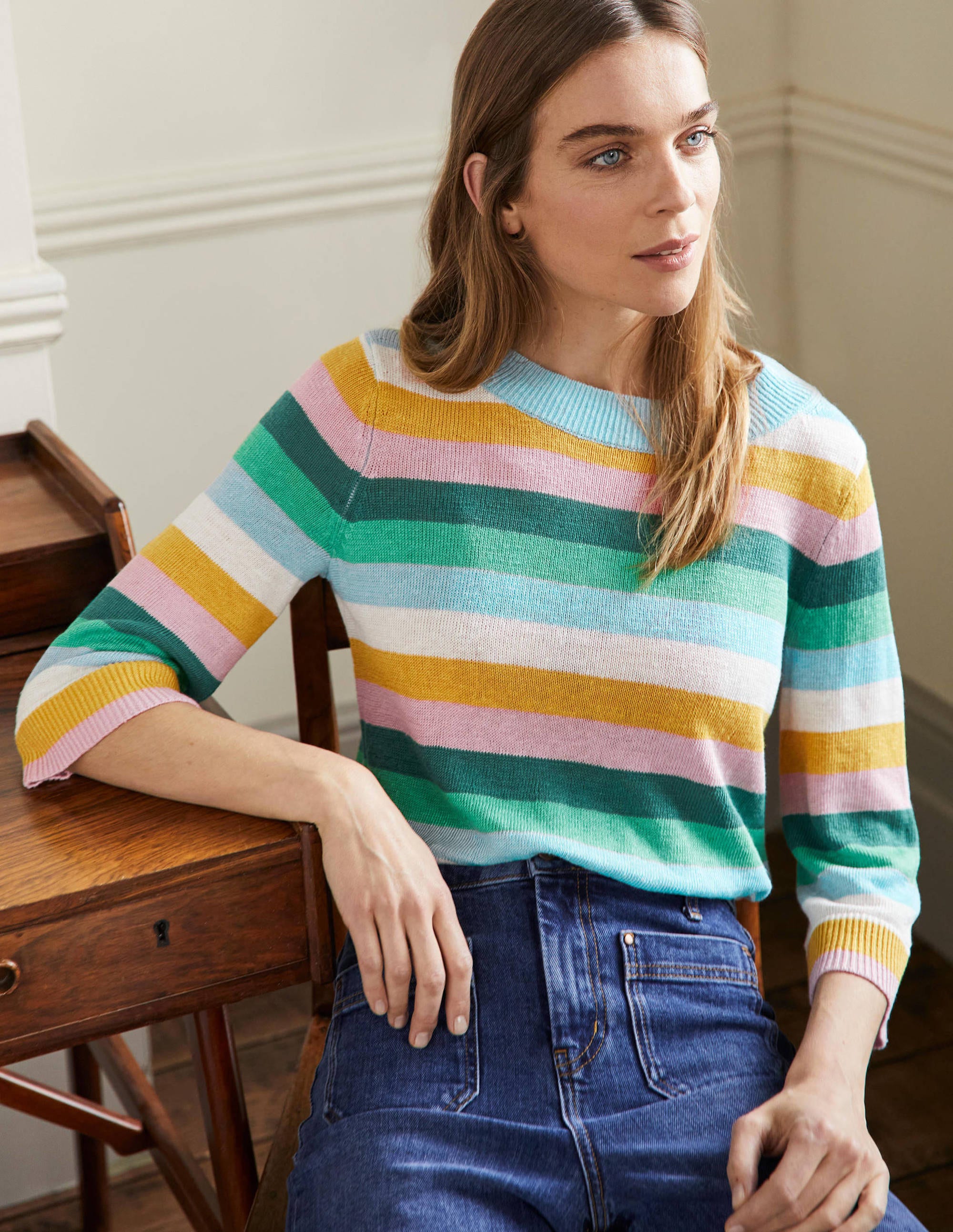 Oversize-Pullover aus Leinen-Waldgrün/Grün, Regenbogenstreifen - Image 1