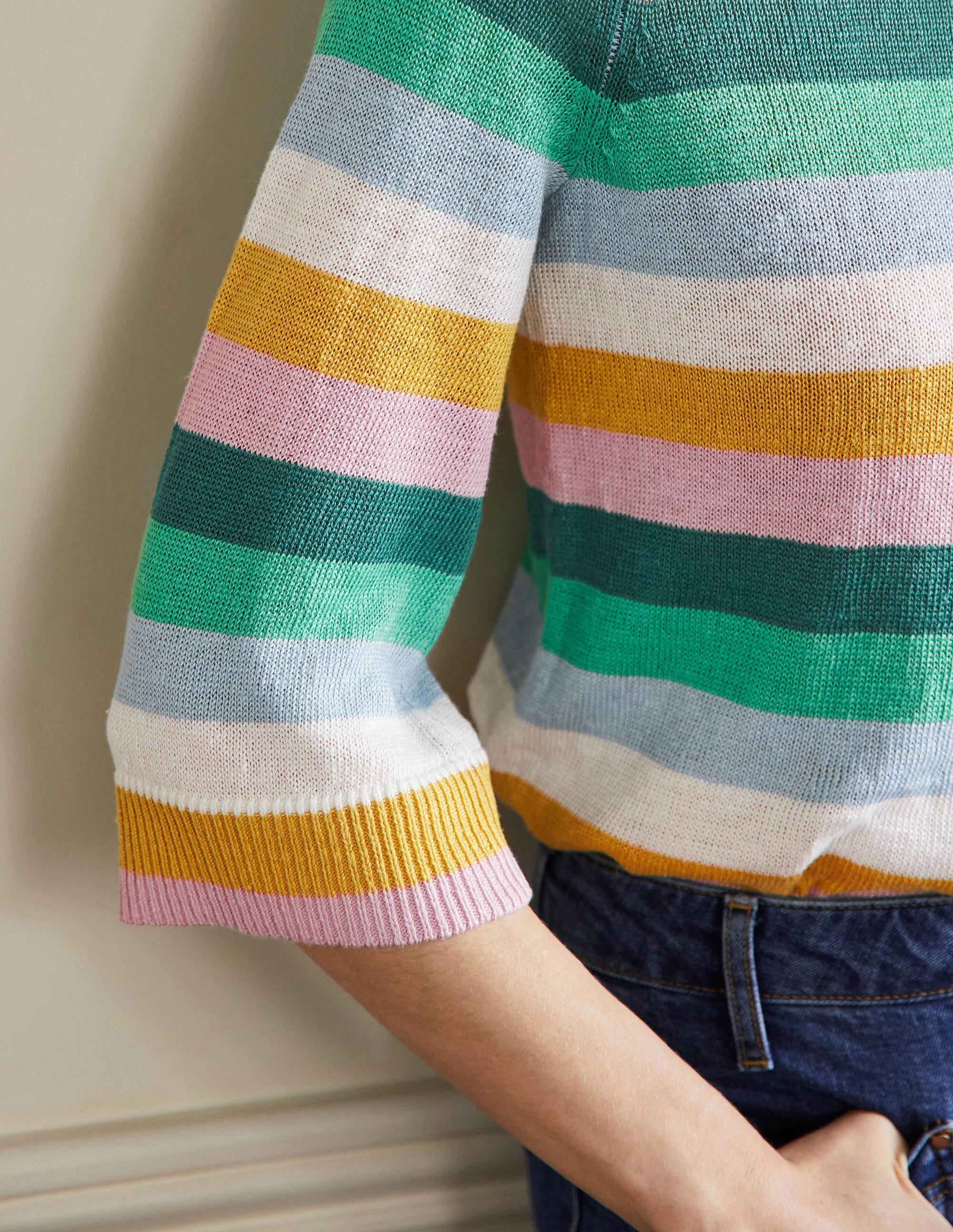 Oversize-Pullover aus Leinen-Waldgrün/Grün, Regenbogenstreifen - Image 5