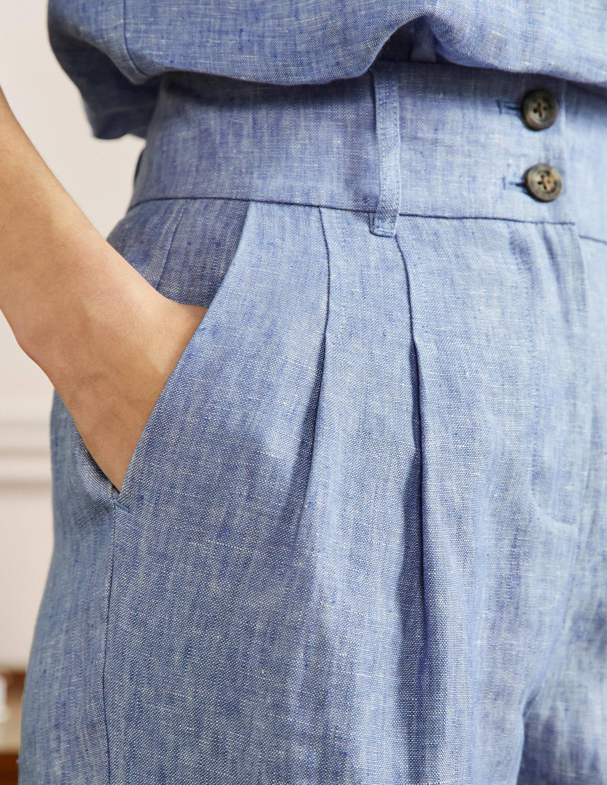 Turn Up Linen Trousers-Grey Blue Chambray-2