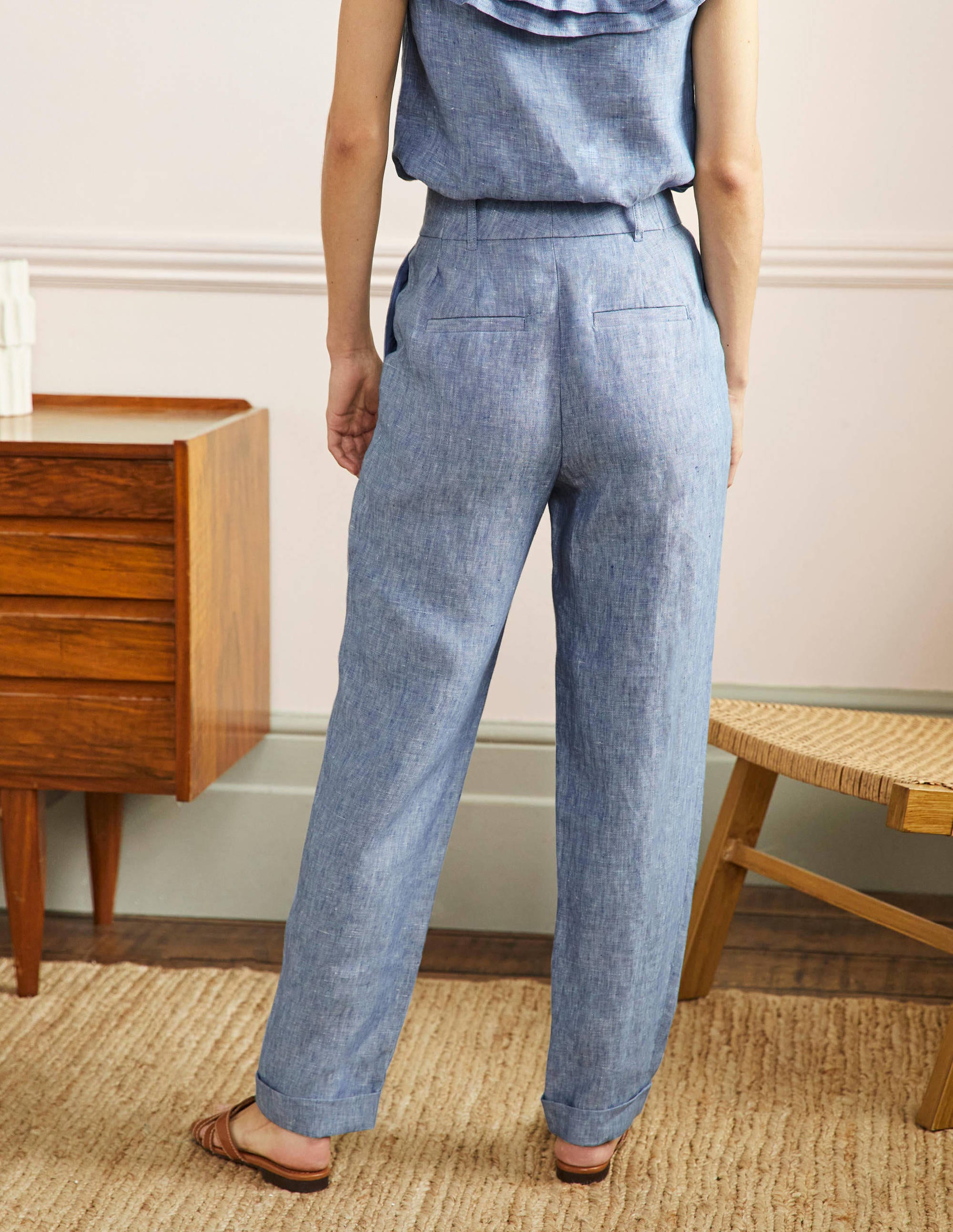 Turn Up Linen Trousers-Grey Blue Chambray - Image 3