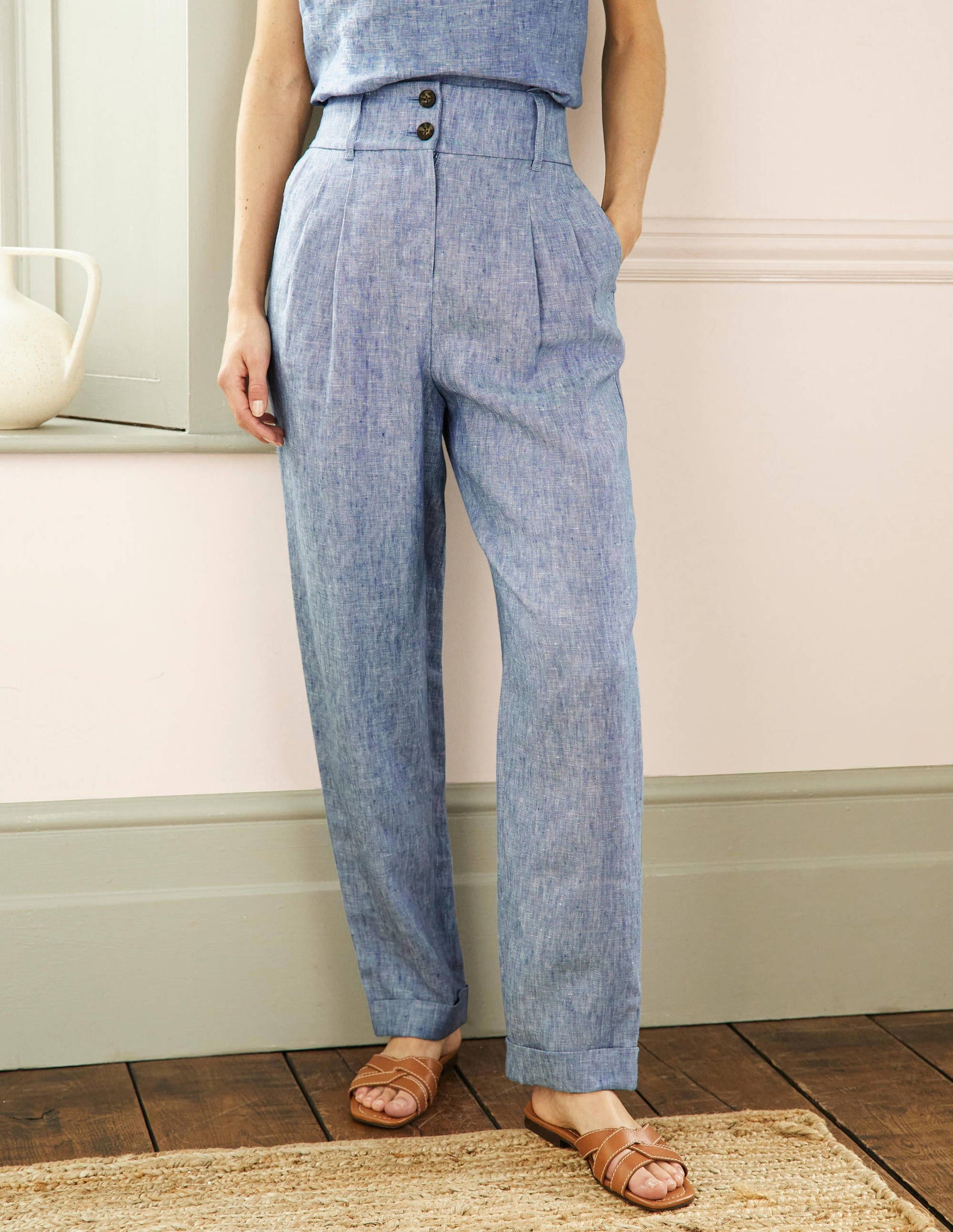 Turn Up Linen Trousers-Grey Blue Chambray-4