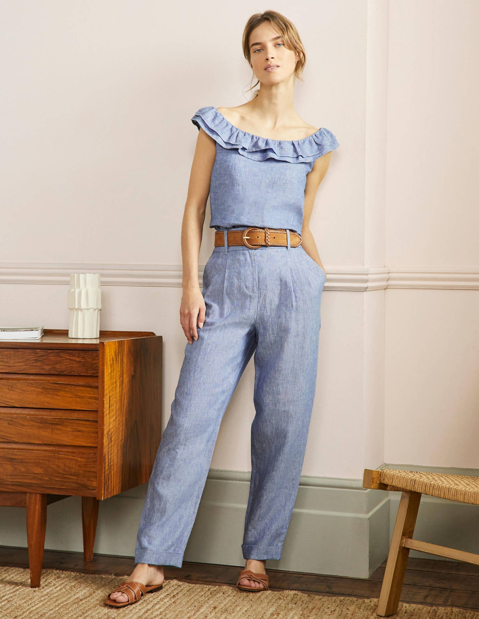 Turn Up Linen Trousers-Grey Blue Chambray-5
