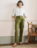 Turn Up Linen Trousers-Pea Green