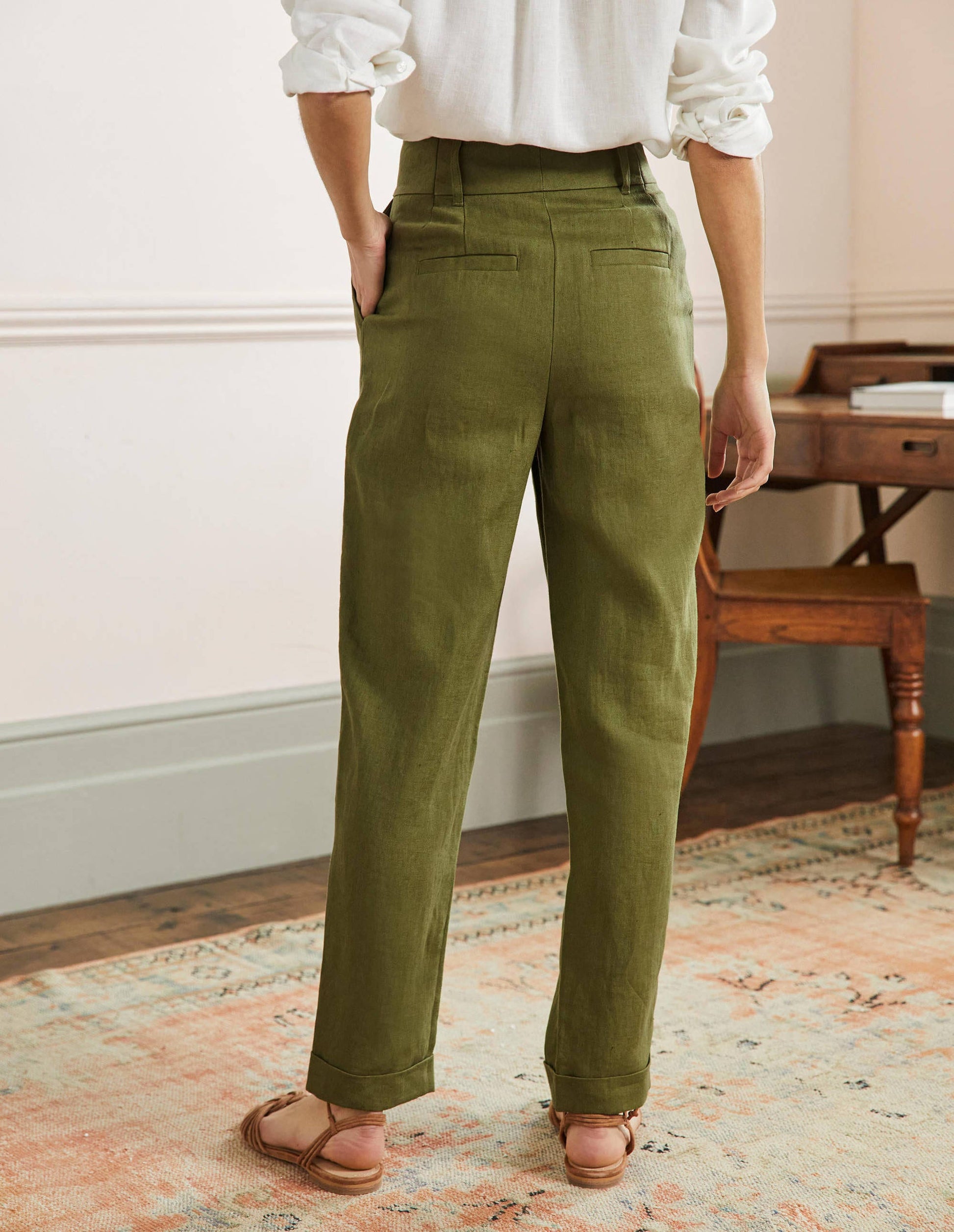 Turn Up Linen Trousers-Pea Green-3