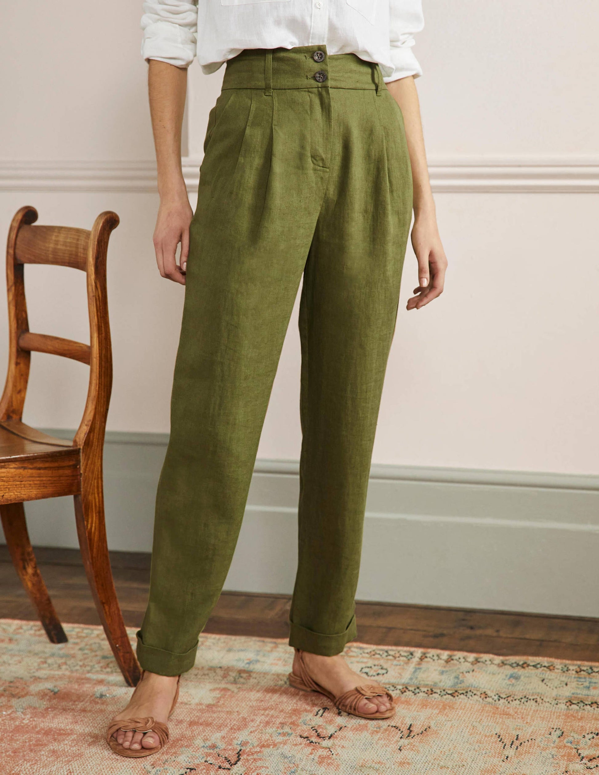 Turn Up Linen Trousers-Pea Green-4