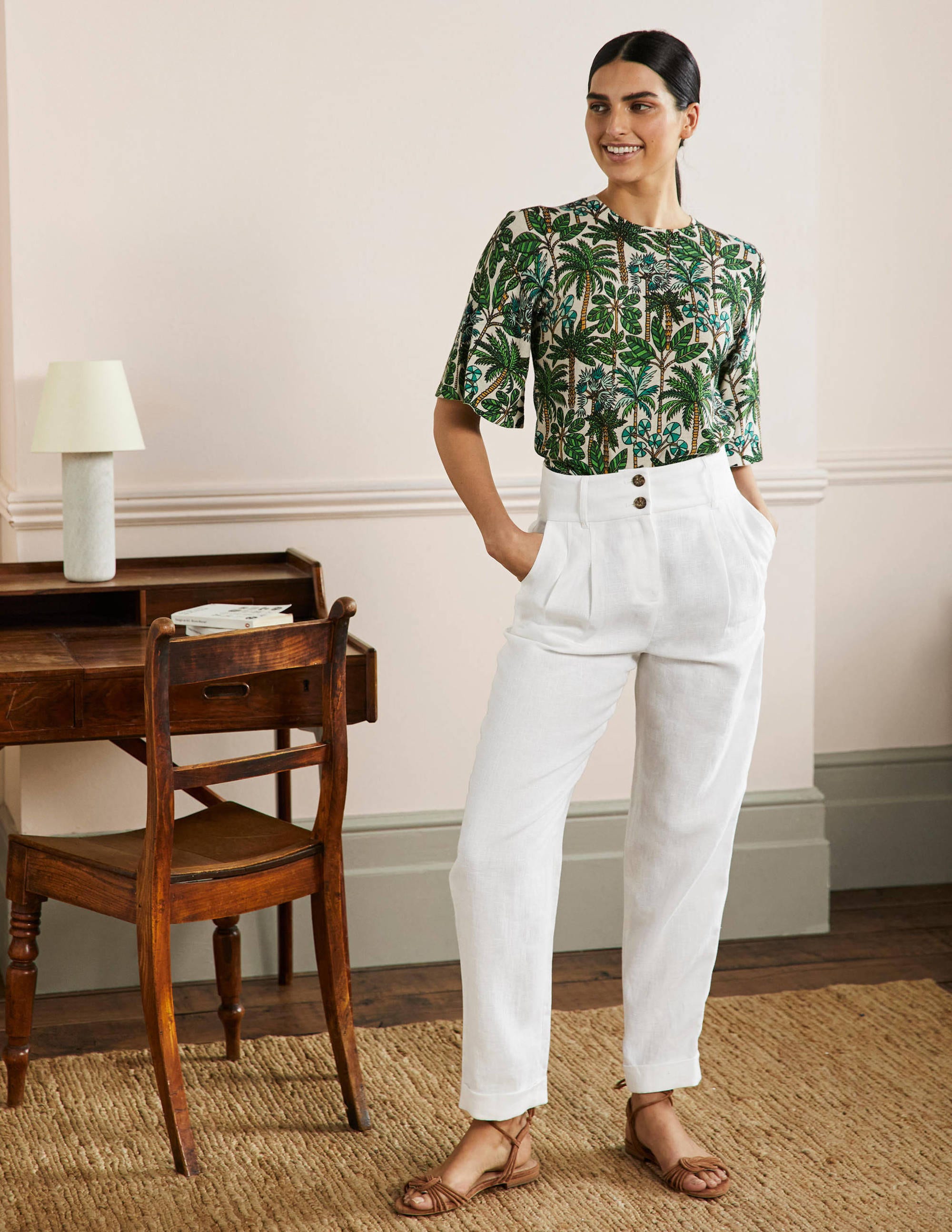 Turn Up Linen Trousers-White - Image 1