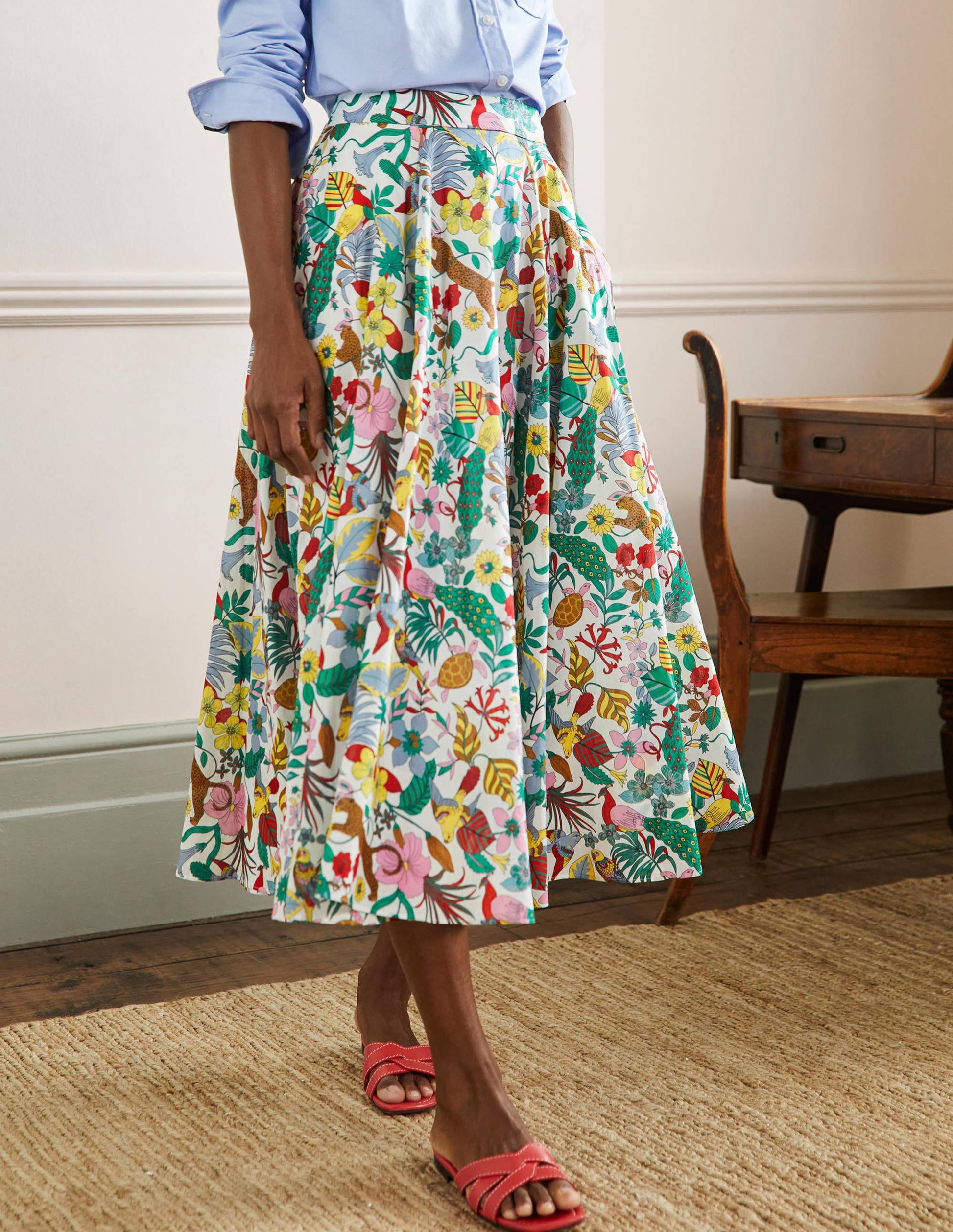 Full Cotton Midi Skirt-Multi, Exotic Paradise-8