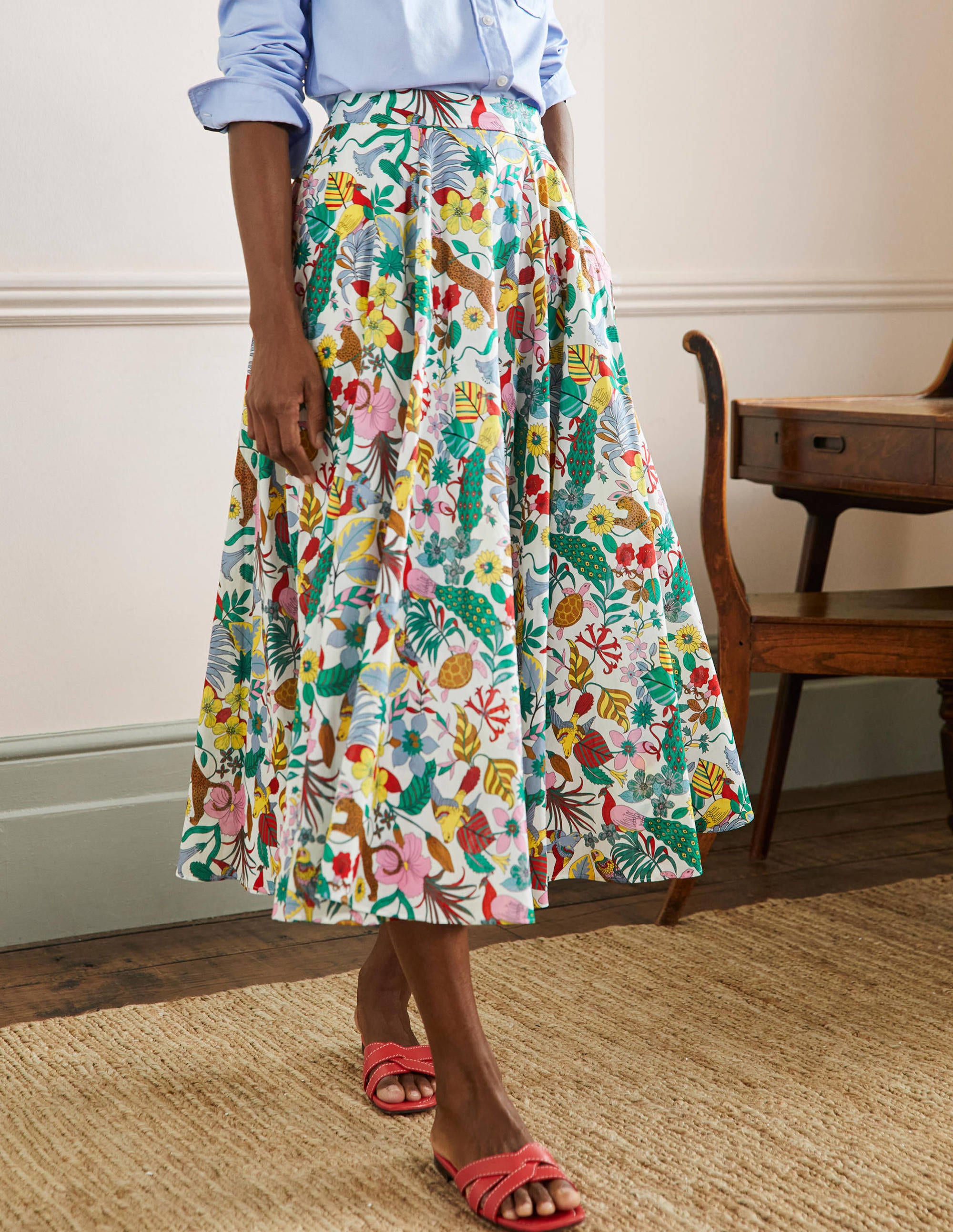 Jupe midi corolle en coton-Multi, motif Exotic Paradise - Image 8