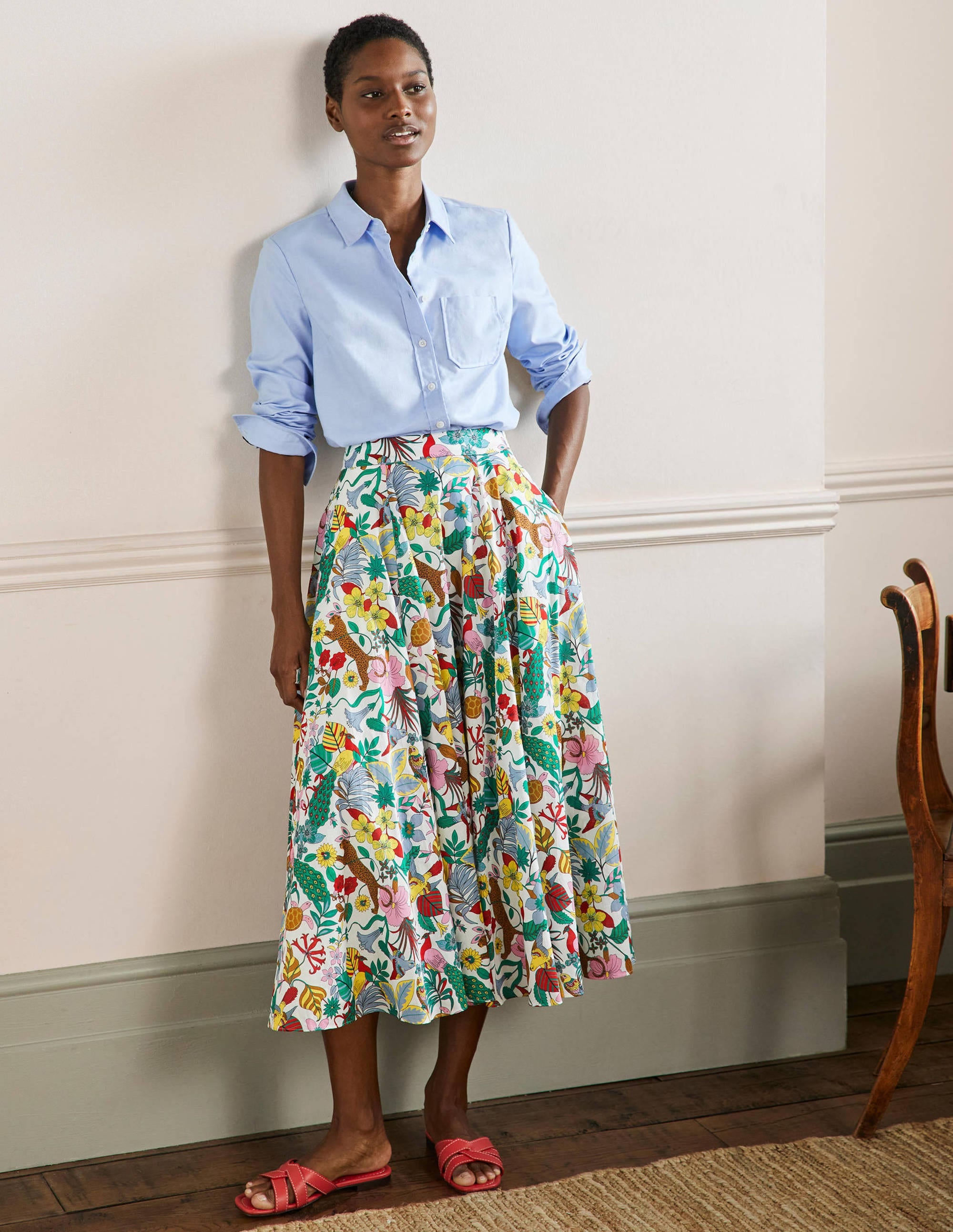 Jupe midi corolle en coton-Multi, motif Exotic Paradise - Image 1