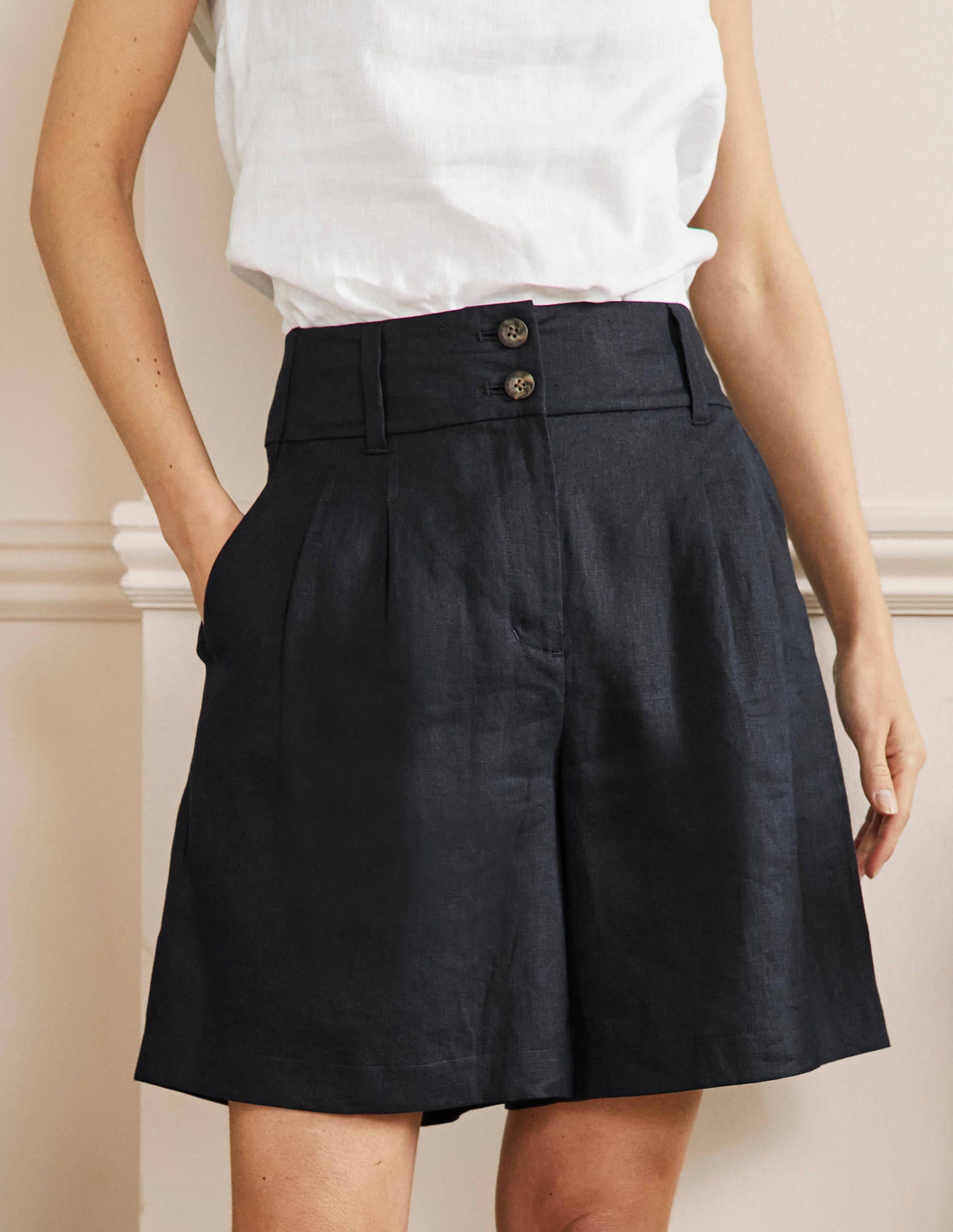 Short plissé en lin-Bleu marine - Image 4