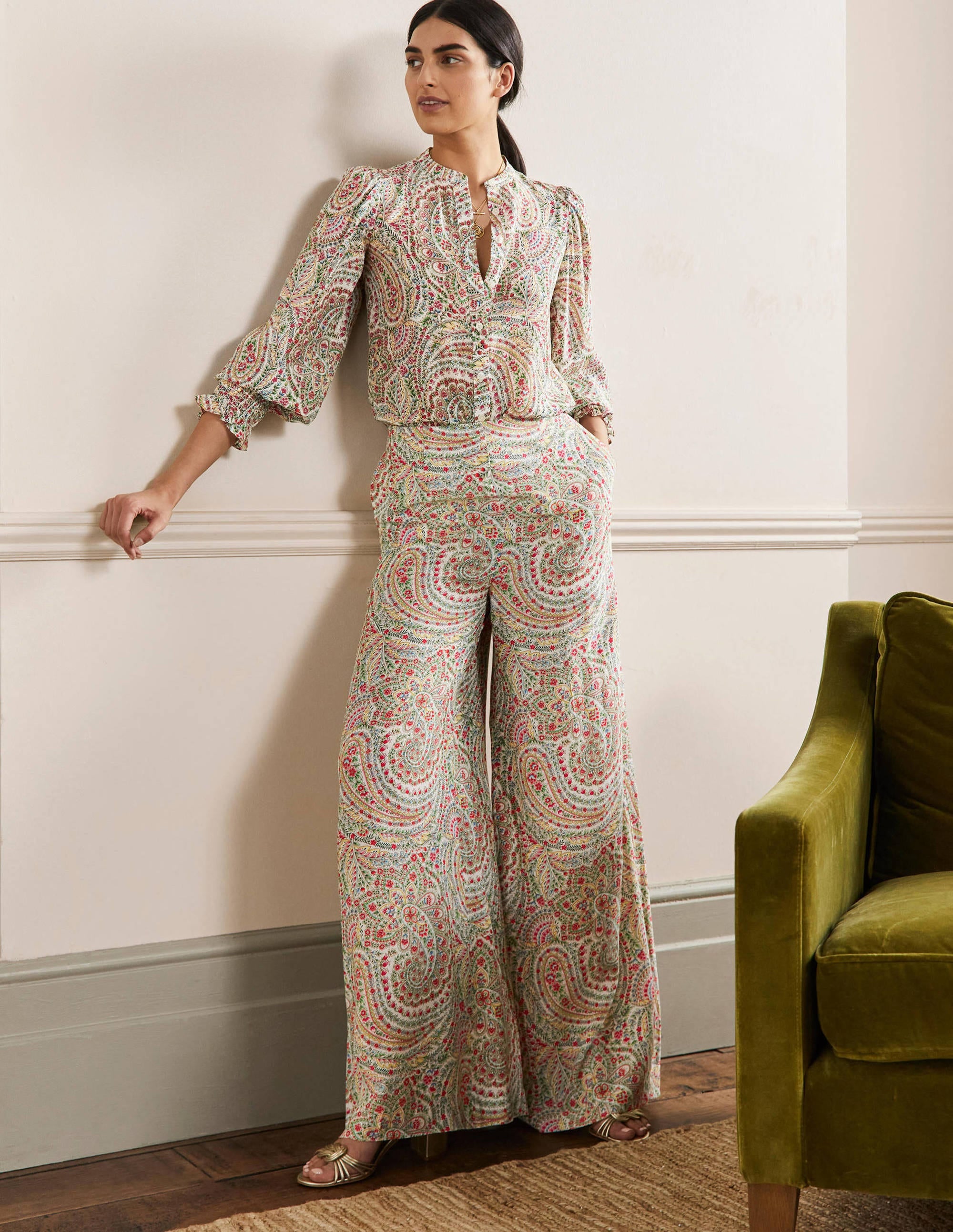 Zoe Wide Leg Palazzo Trousers-Ivory, Flora Paisley - Image 1