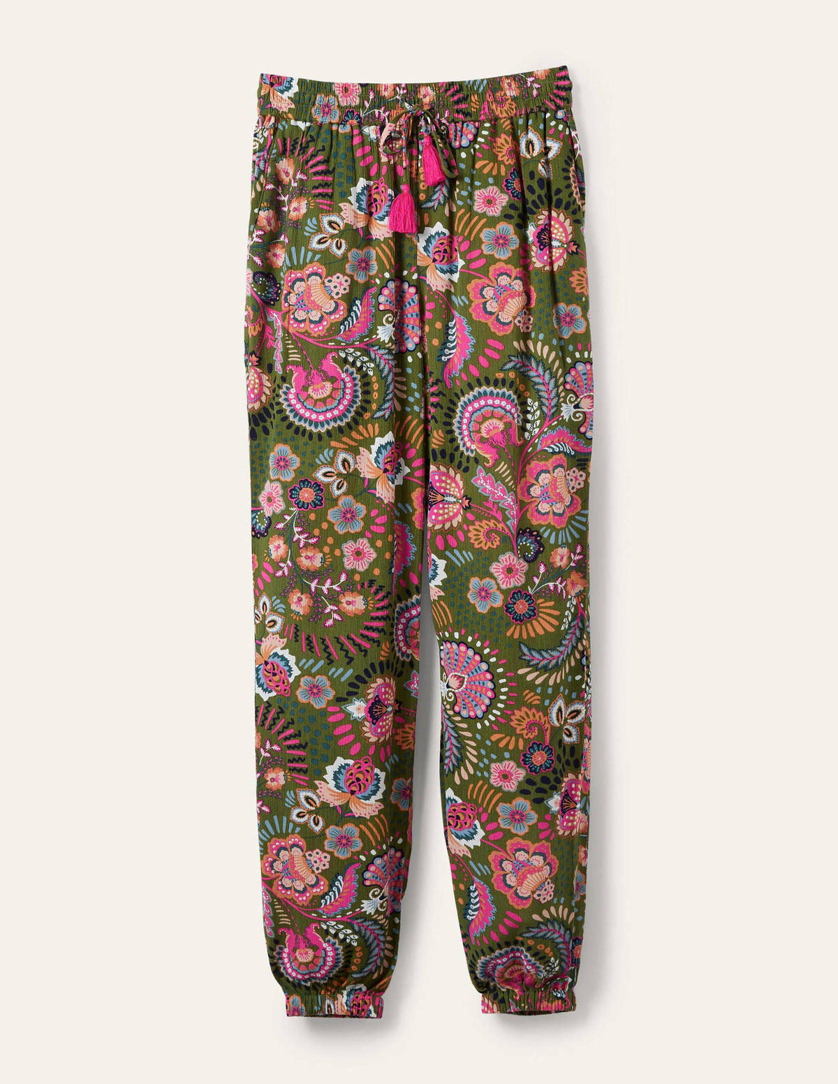 Schmal zulaufende Crinkle-Hose-Erbsengrün, Dekoratives Wiesenmuster-5
