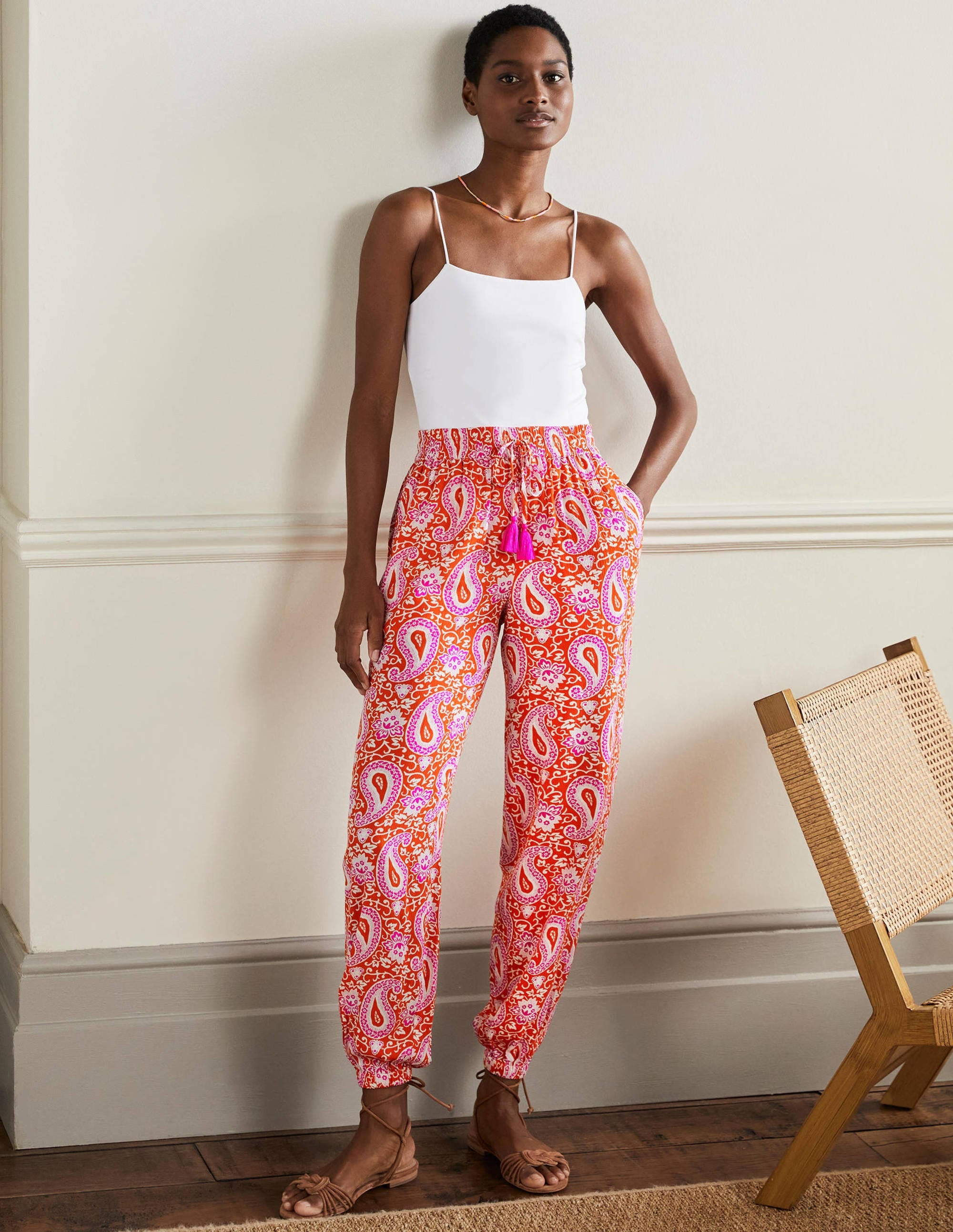 Crinkle Tapered Trousers-Papaya, Enchanting Paisley - Image 1