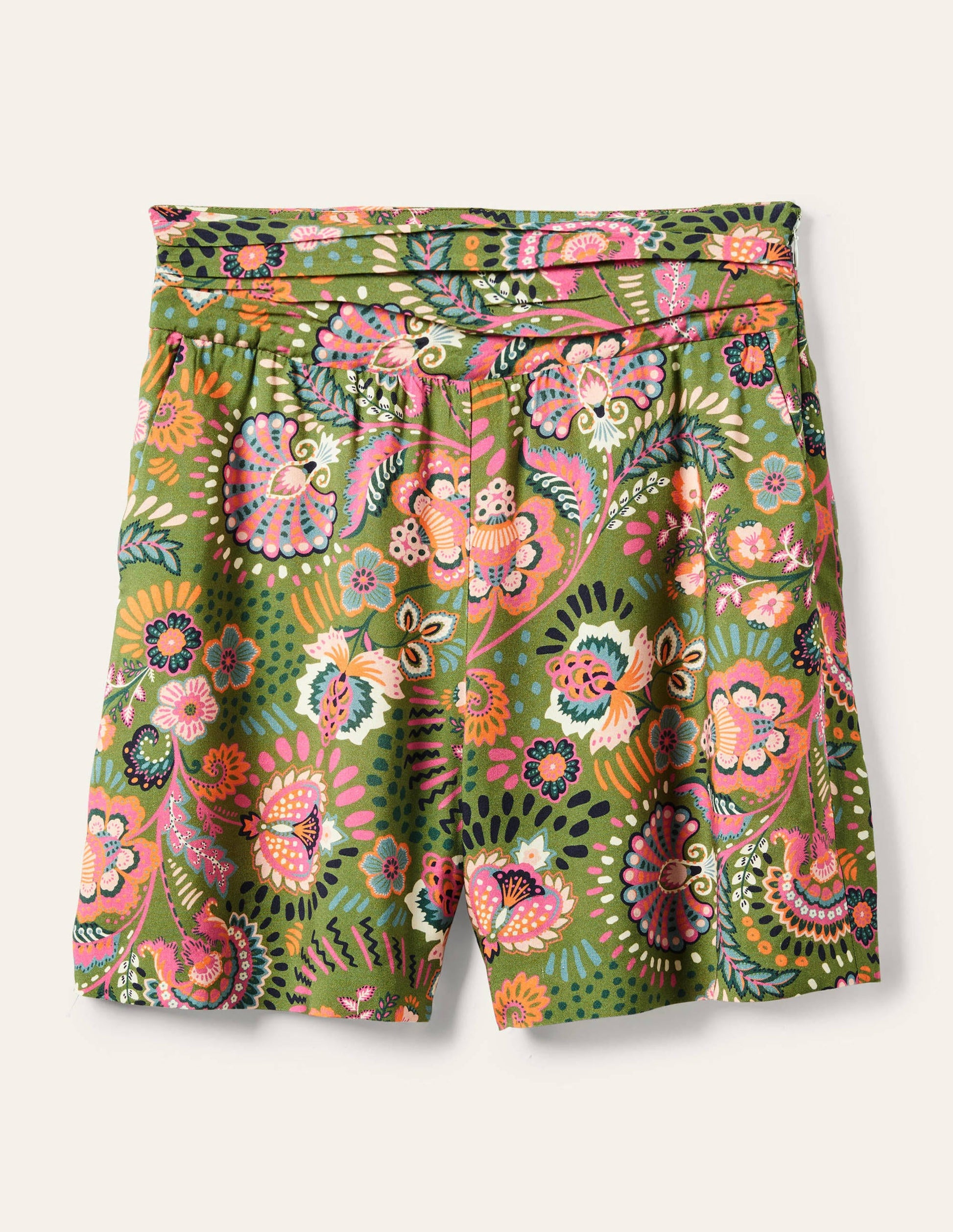 Shorts mit gerafftem Taillenbund-Erbsengrün, Dekoratives Wiesenmuster-5
