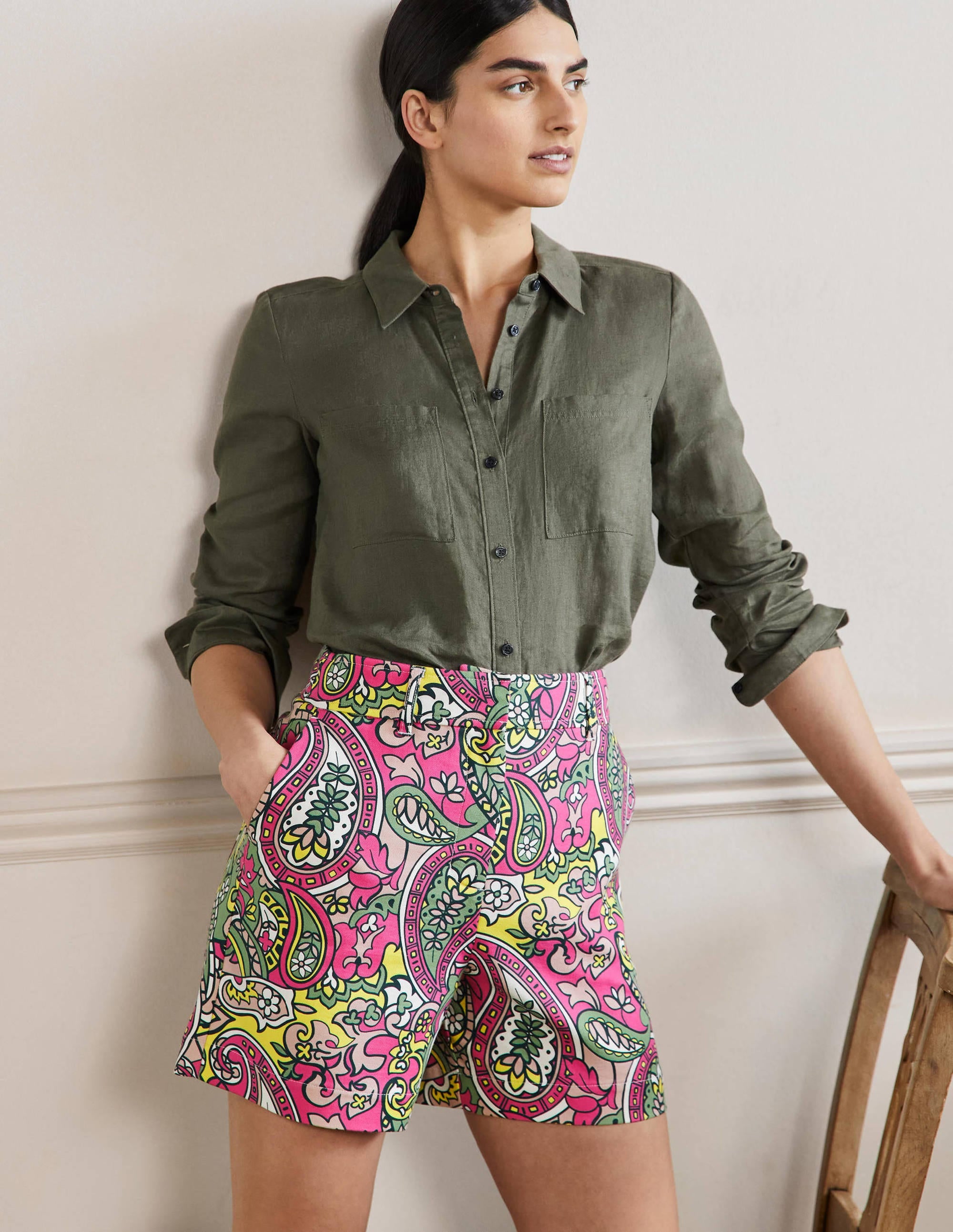 Short Carrie taille haute-Rose pop, motif cachemire - Image 1