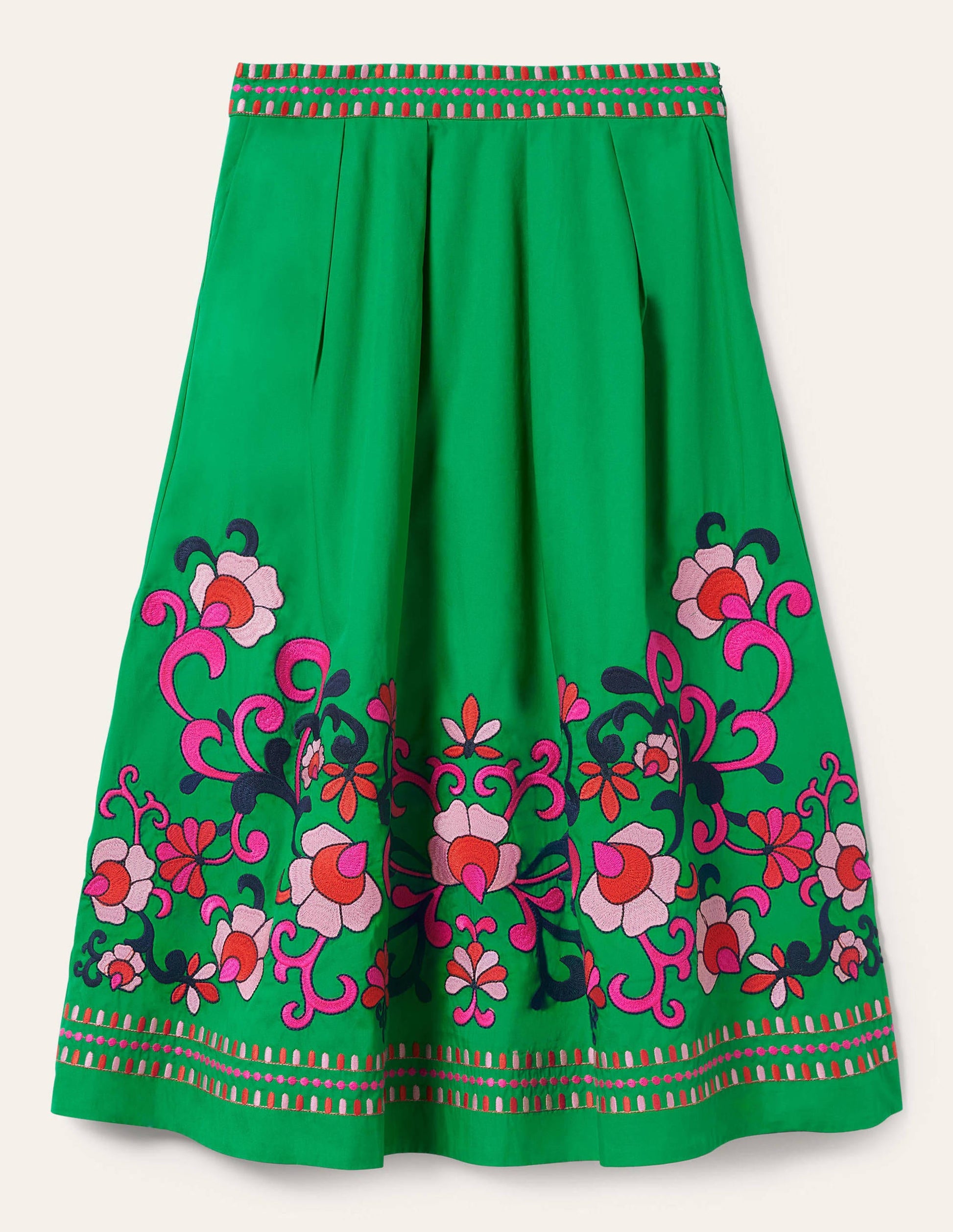 Embroidered Full Cotton Skirt-Rich Emerald, Multi Embroidery-6