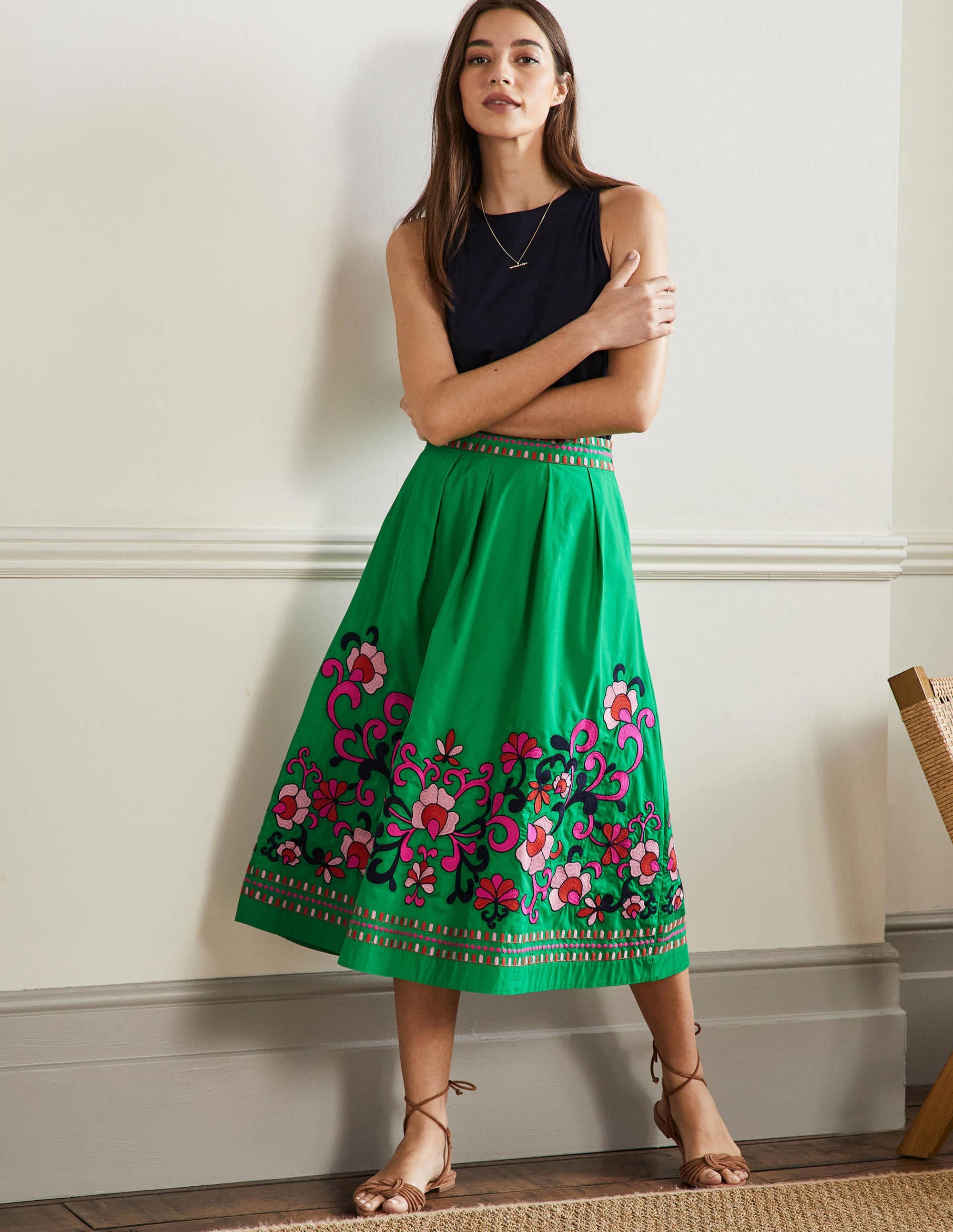 Embroidered Full Cotton Skirt-Rich Emerald, Multi Embroidery - Image 1