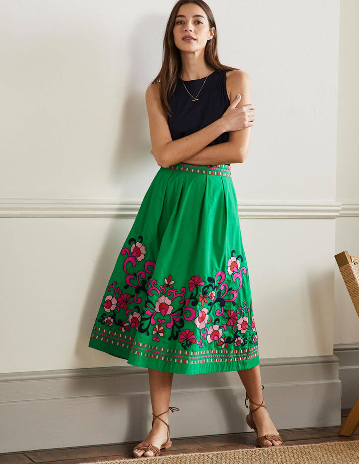 Embroidered Full Cotton Skirt-Rich Emerald, Multi Embroidery