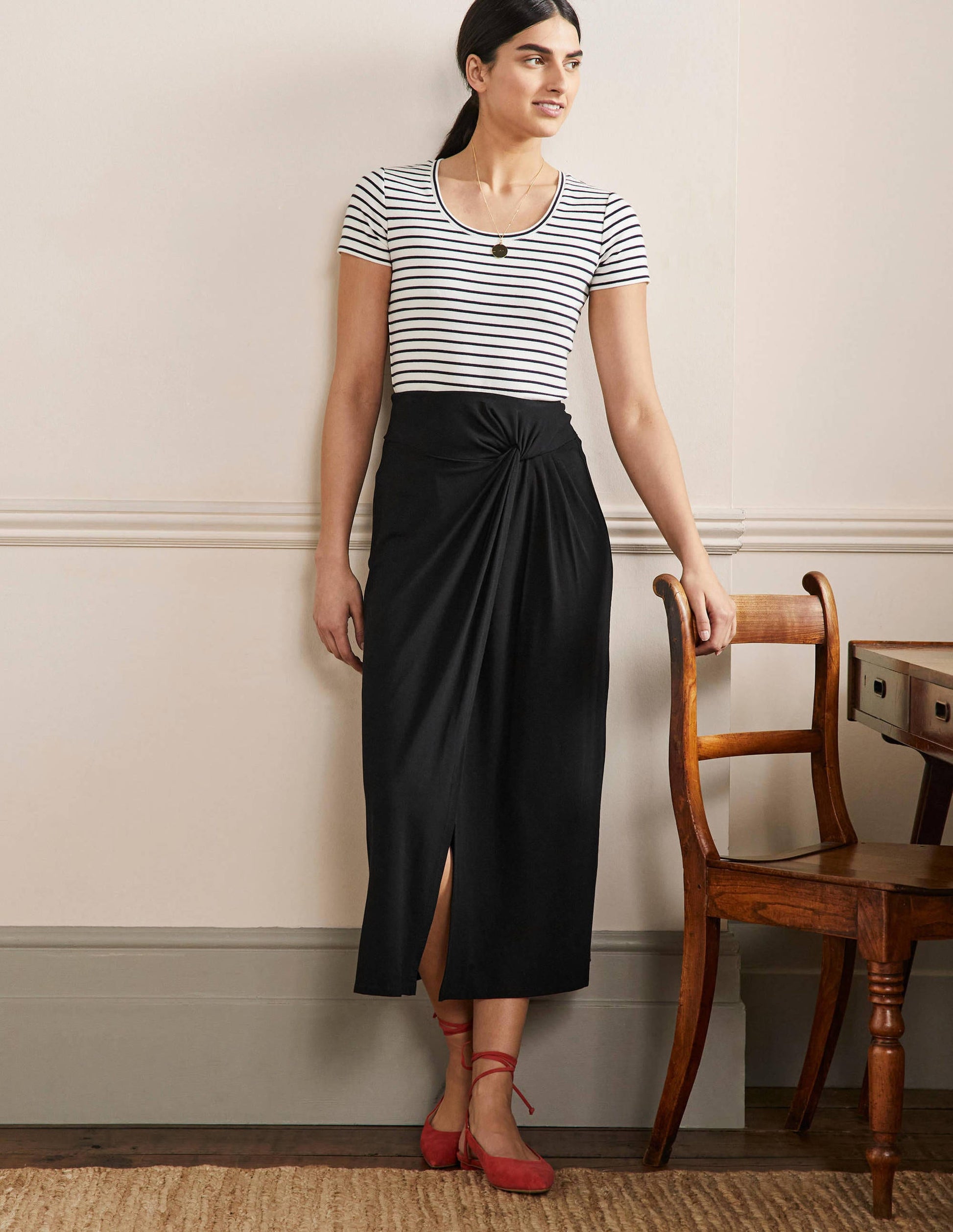 Jupe midi nouée à la taille en jersey-Noir-1