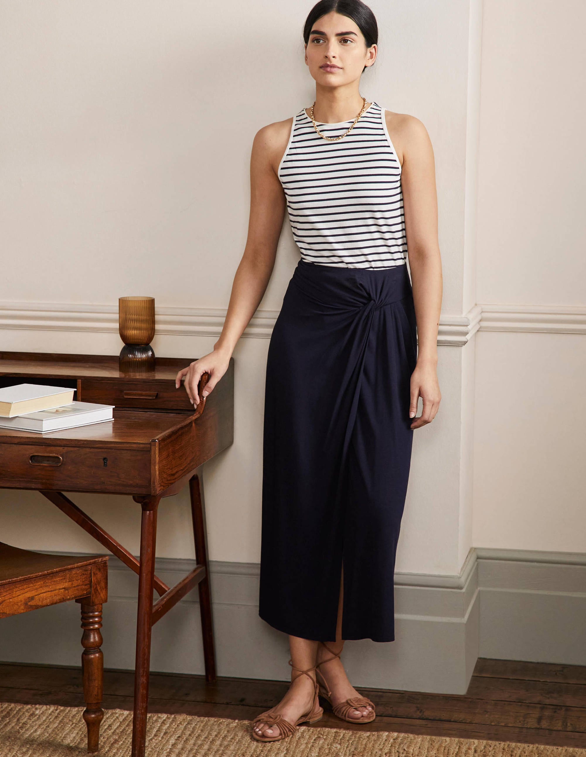 Jupe midi nouée à la taille en jersey-Bleu marine - Image 1