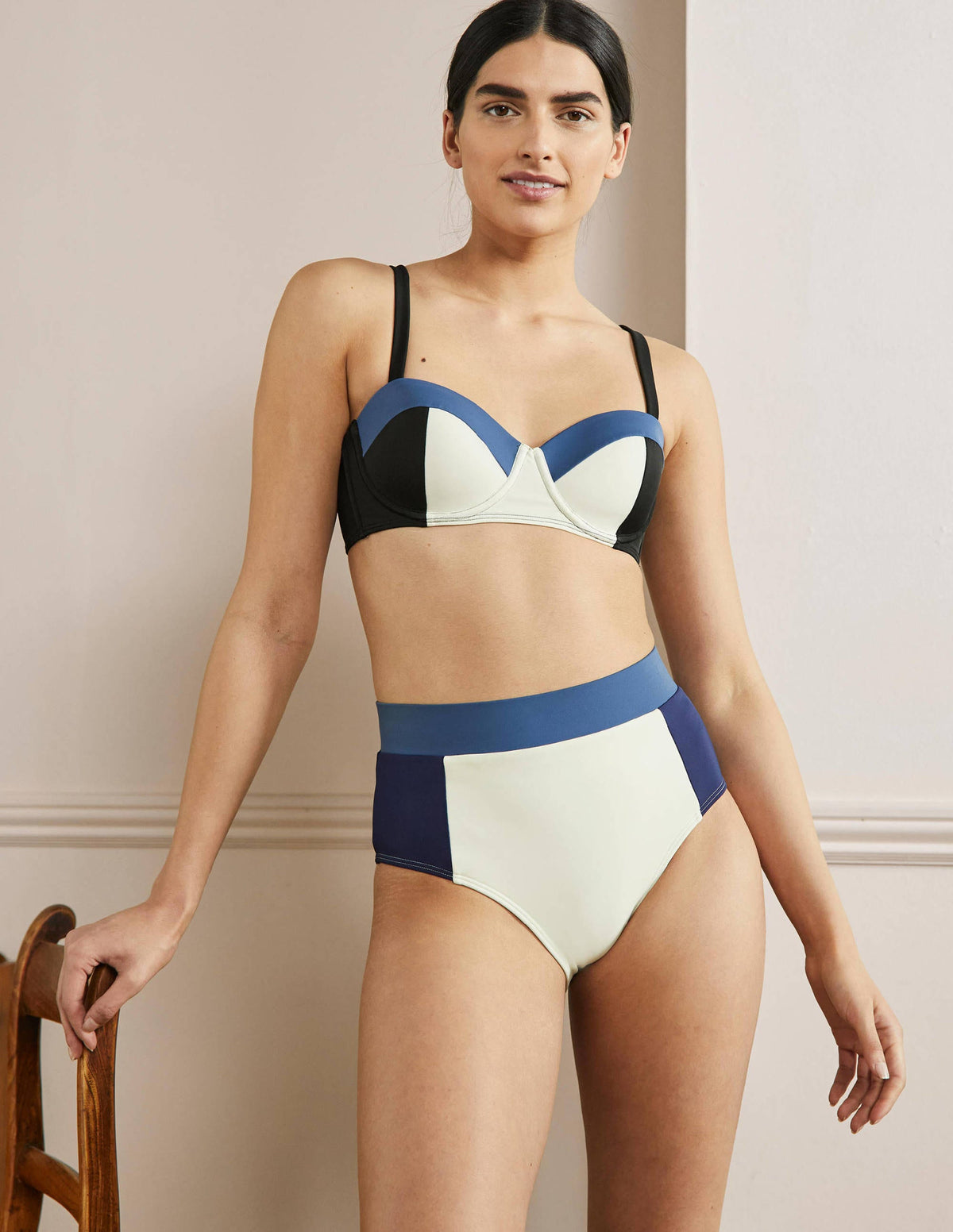 High Waisted Bikini Bottoms-Ivory Colourblock-1