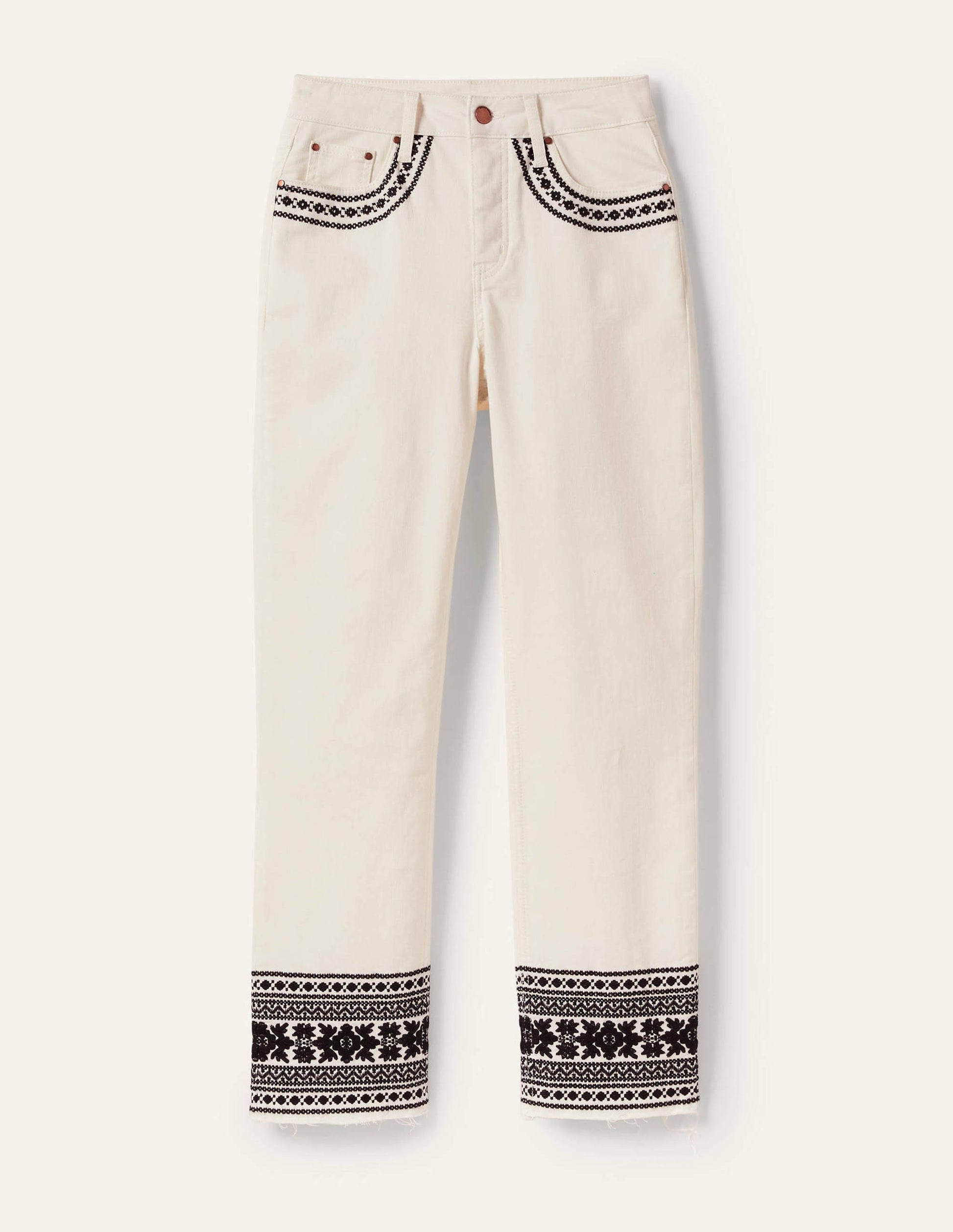 Jean droit décontracté-Écru/broderie noire-5