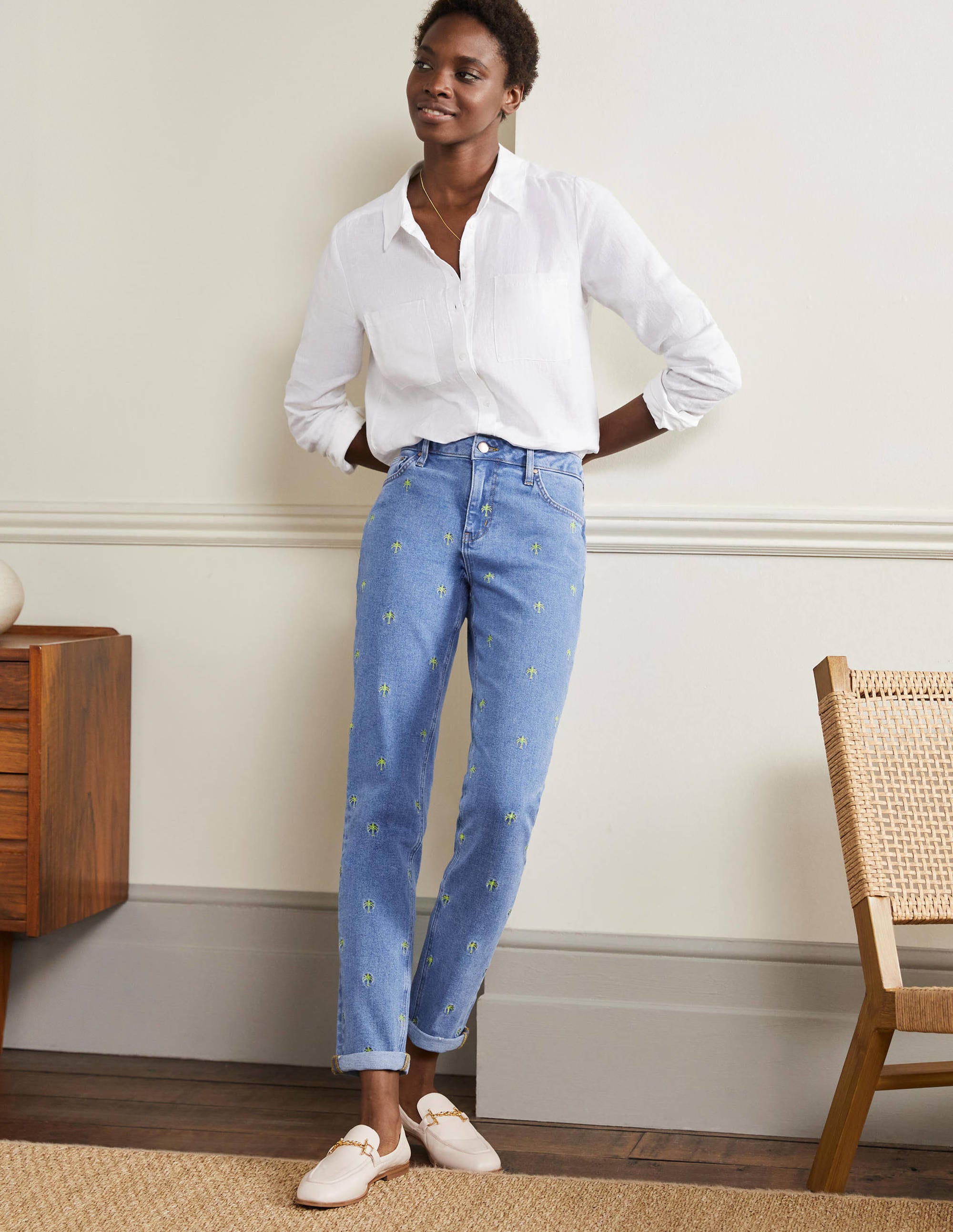 Jean girlfriend-Vintage clair, brodé - Image 1