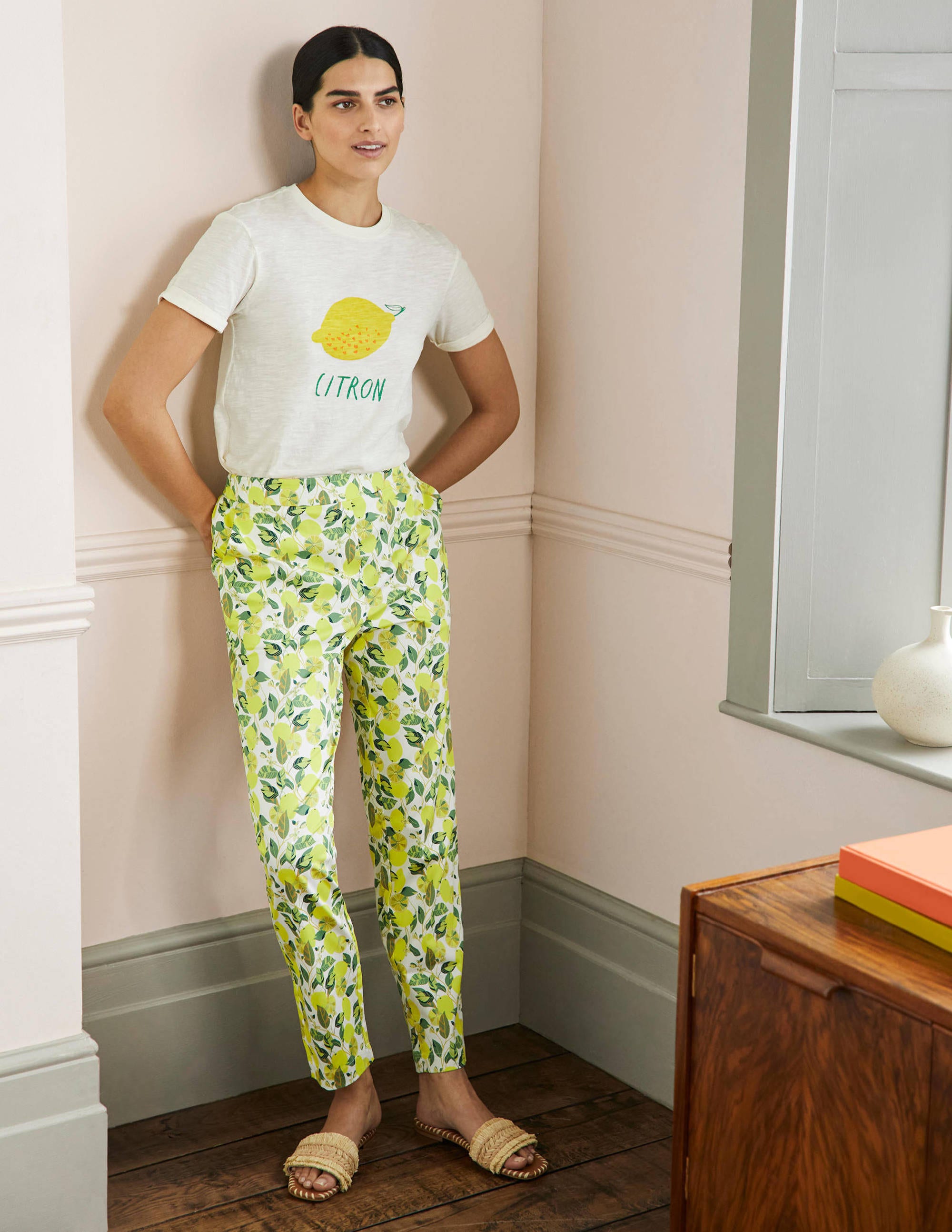 Pull On Trousers-Ivory, Lemon Vine - Image 1