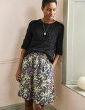 Shirred Waist Cotton Skirt-Black, Oriental Cascade