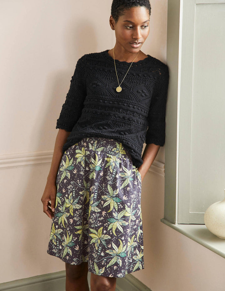 Shirred Waist Cotton Skirt-Black, Oriental Cascade