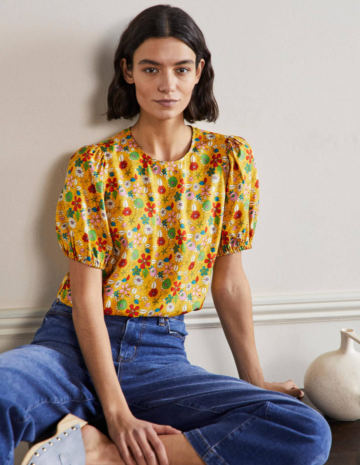 Adriana Oberteil mit Puffärmeln-Honiggelb, Kleines Blütenmuster