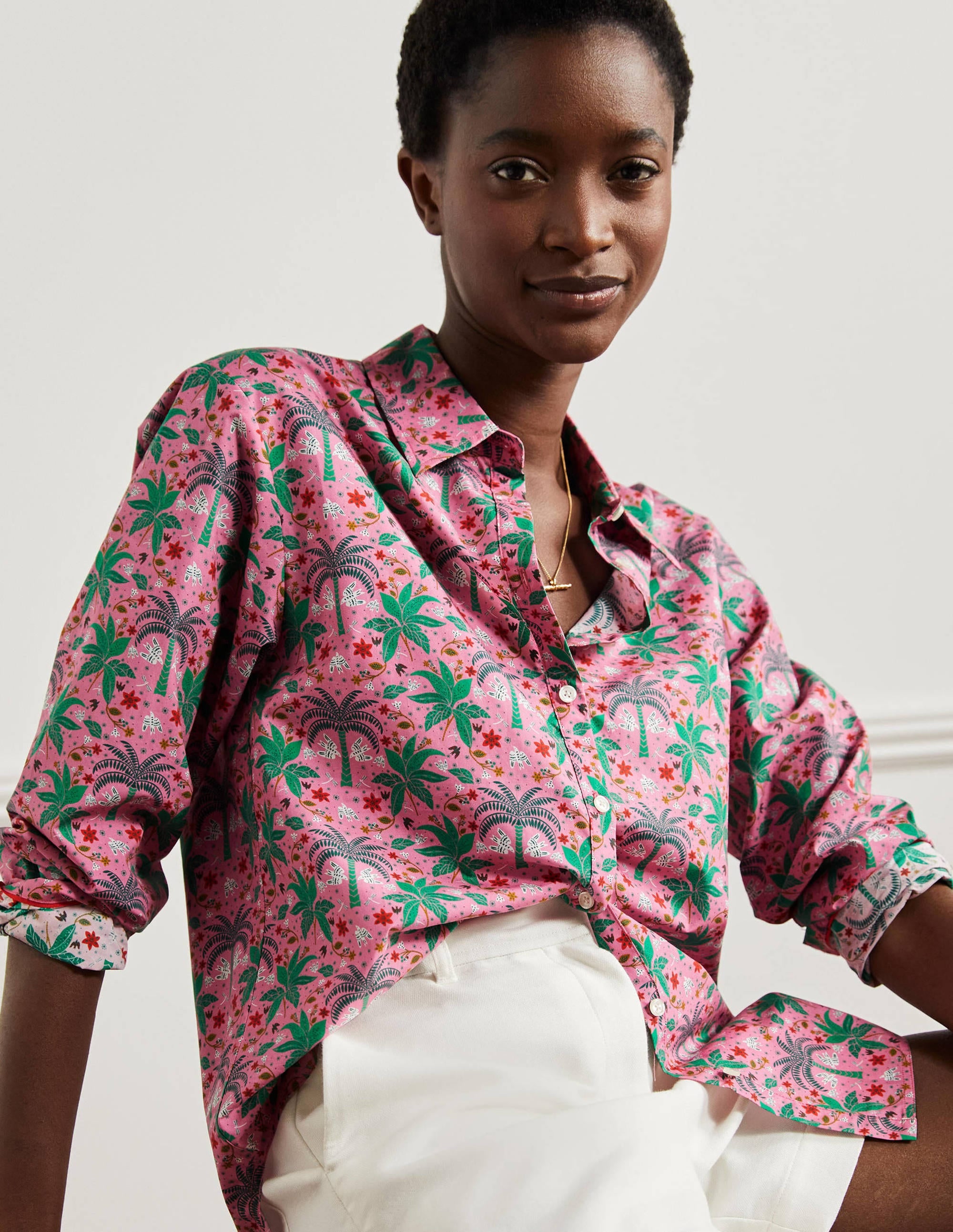 Relaxed Cotton Shirt-Posy Pink, Oriental Palm - Image 4